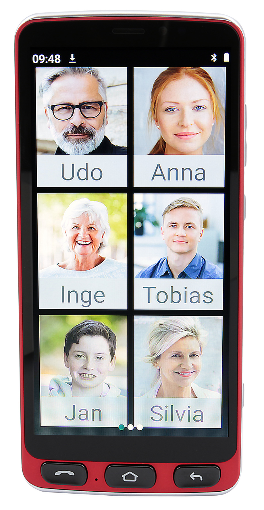 Roter Smartphone-Bildschirm mit Kontaktfotos. Sechs Personen sichtbar.