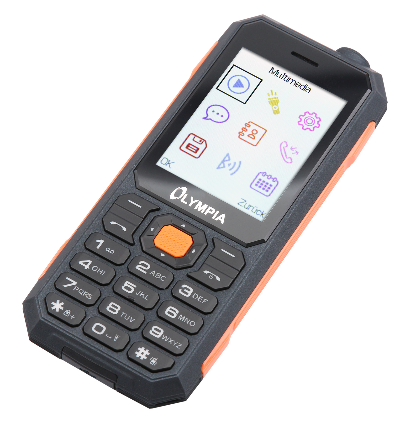 Ein kleines, dunkelgraues und orangefarbenes Mobiltelefon mit Display, das verschiedene Symbole zeigt.