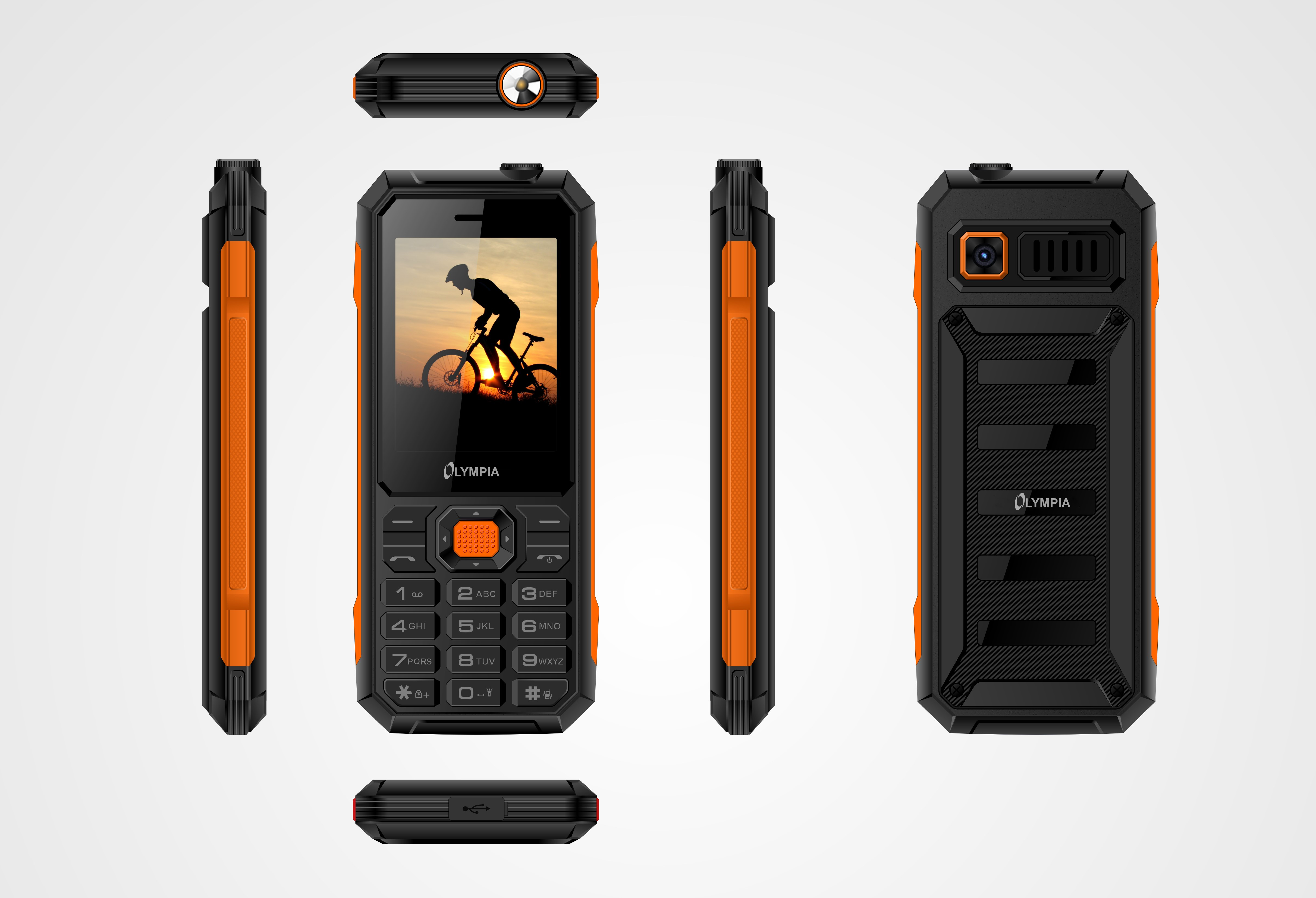 Schwarzes und oranges robustes Olympia-Telefon mit Anzeige eines Radfahrers.
