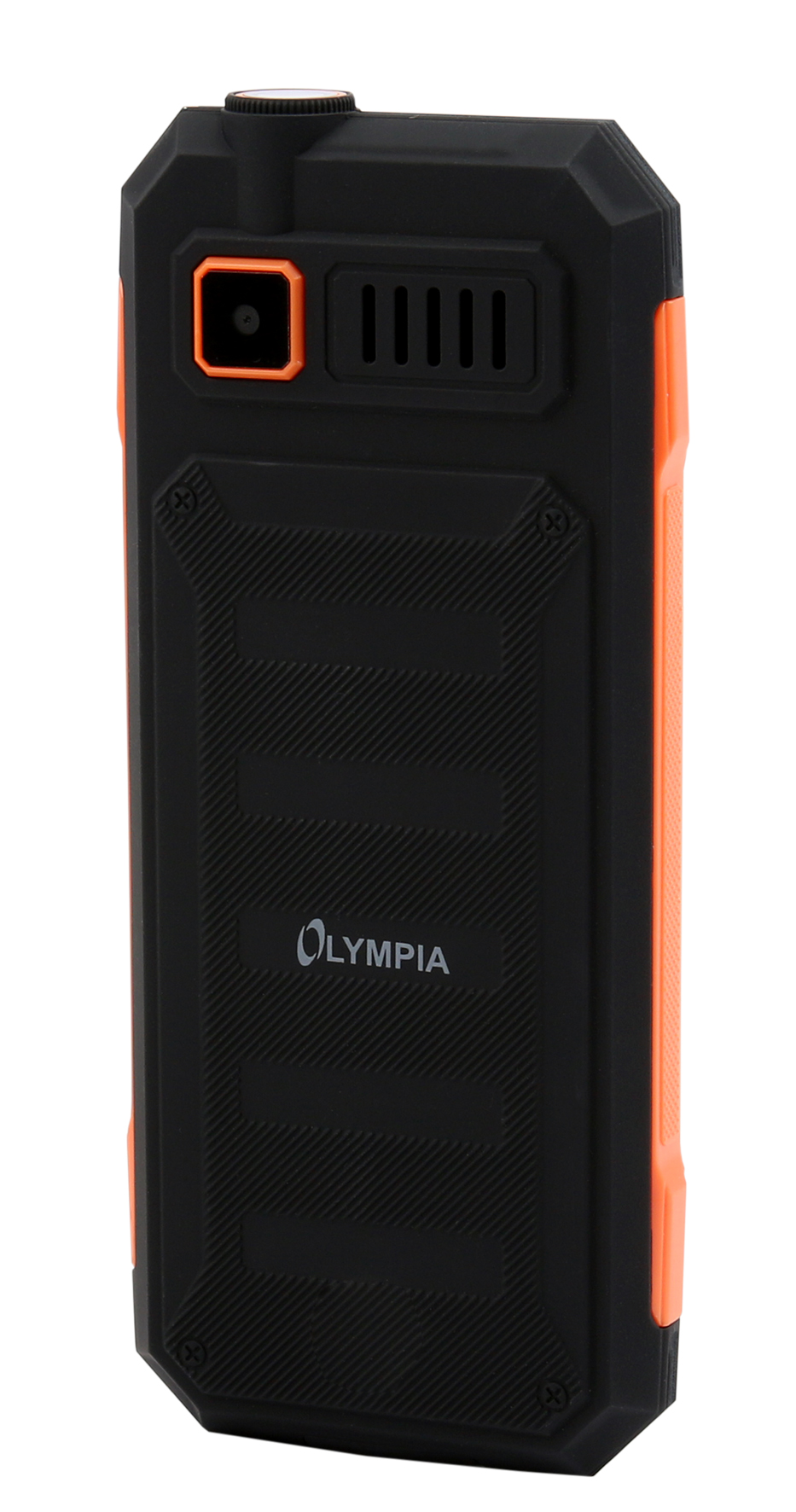 Schwarzes und oranges robustes Telefon. Verfügt über eine Kamera, einen Lautsprechergrill und das Olympia-Branding.