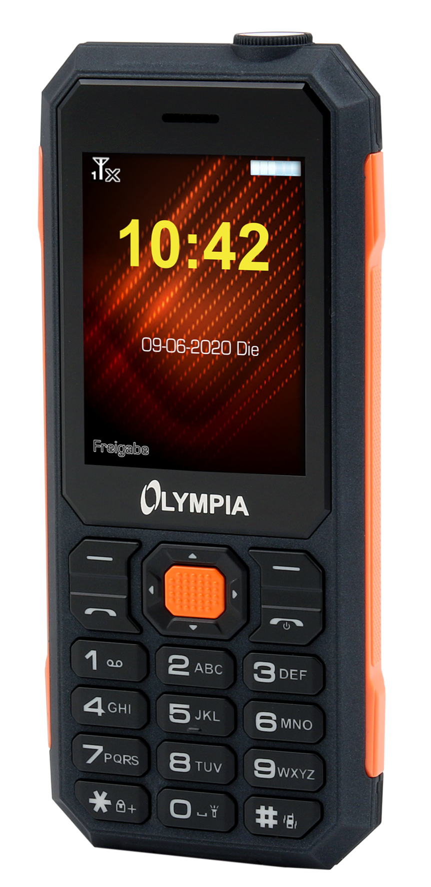 Schwarzes und oranges OLYMPIA Outdoor-Handy. Zeigt Uhrzeit und Datum auf dem Bildschirm.