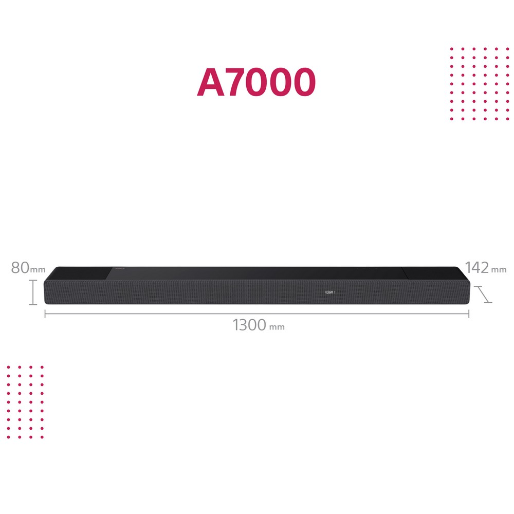Una barra de sonido negra con el texto A7000 sobre un fondo blanco. Dimensiones: 1300 mm largo, 80 mm alto, 142 mm profundo.
