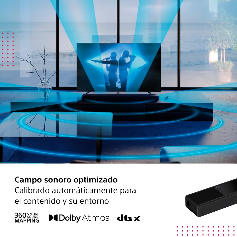 Salón con TV. Barra de sonido abajo. Texto: Campo de sonido optimizado.