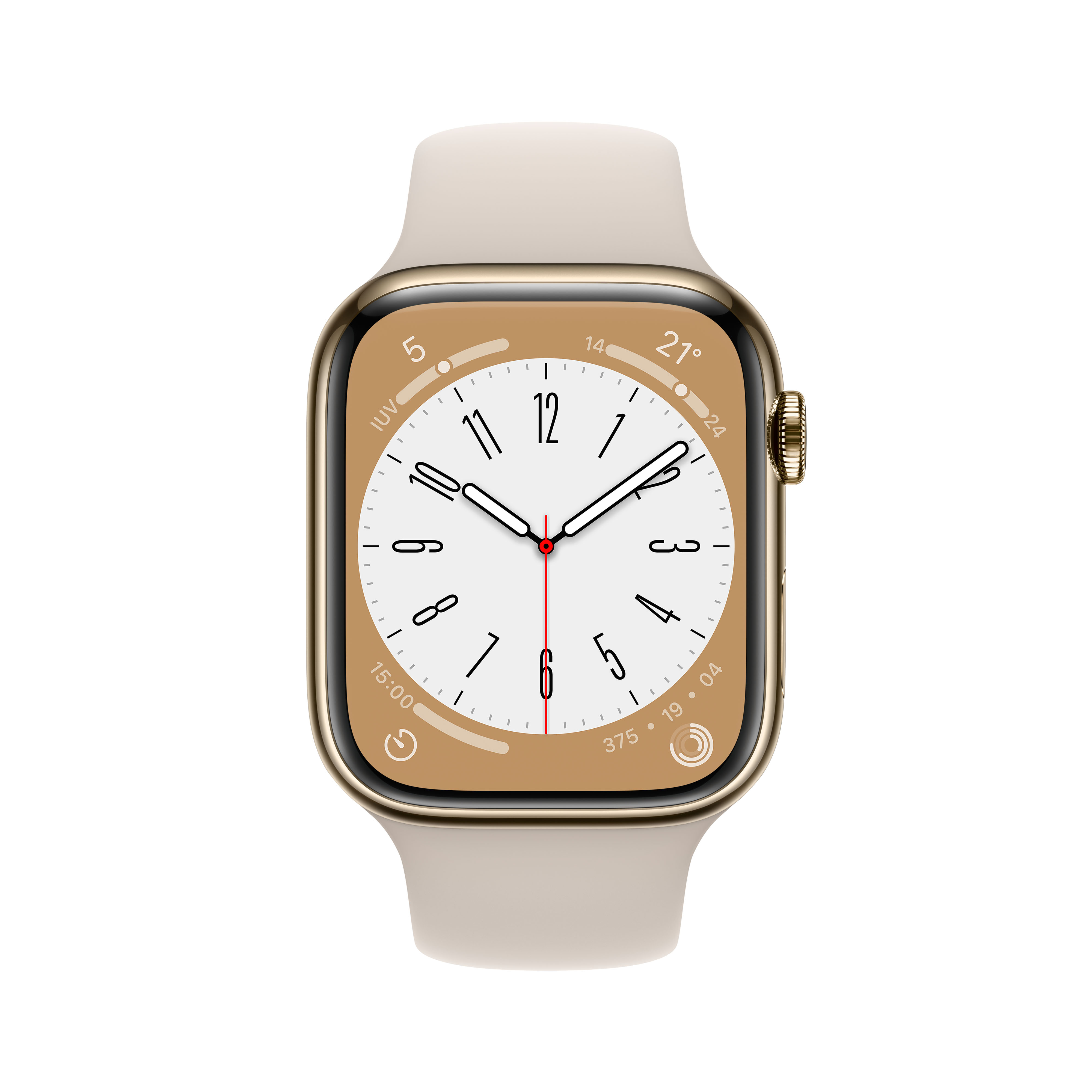 Apple Watch dorada con correa beige, mostrando la hora y varios datos.