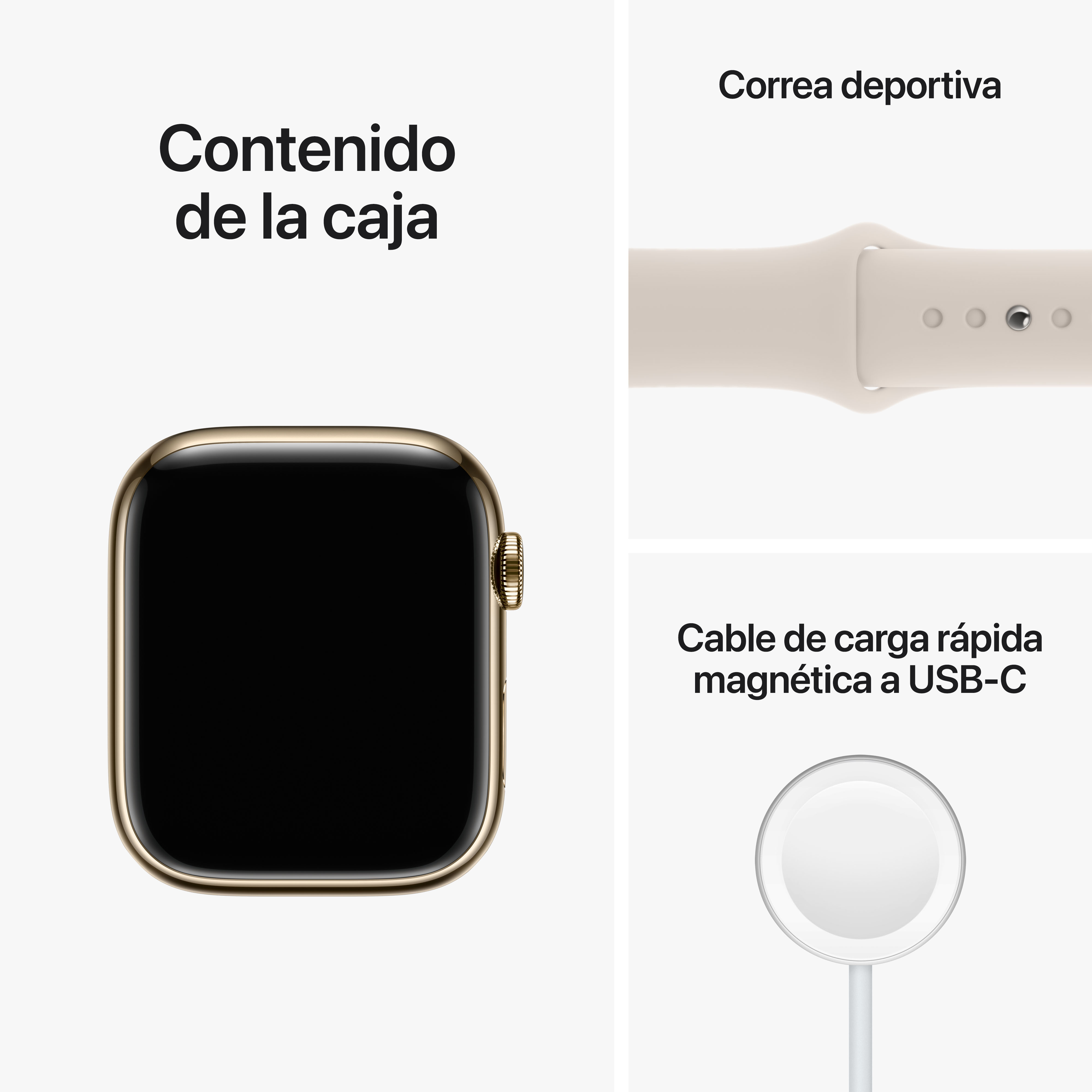 Contenido de Apple Watch: reloj, correa deportiva, cargador, fondo blanco.