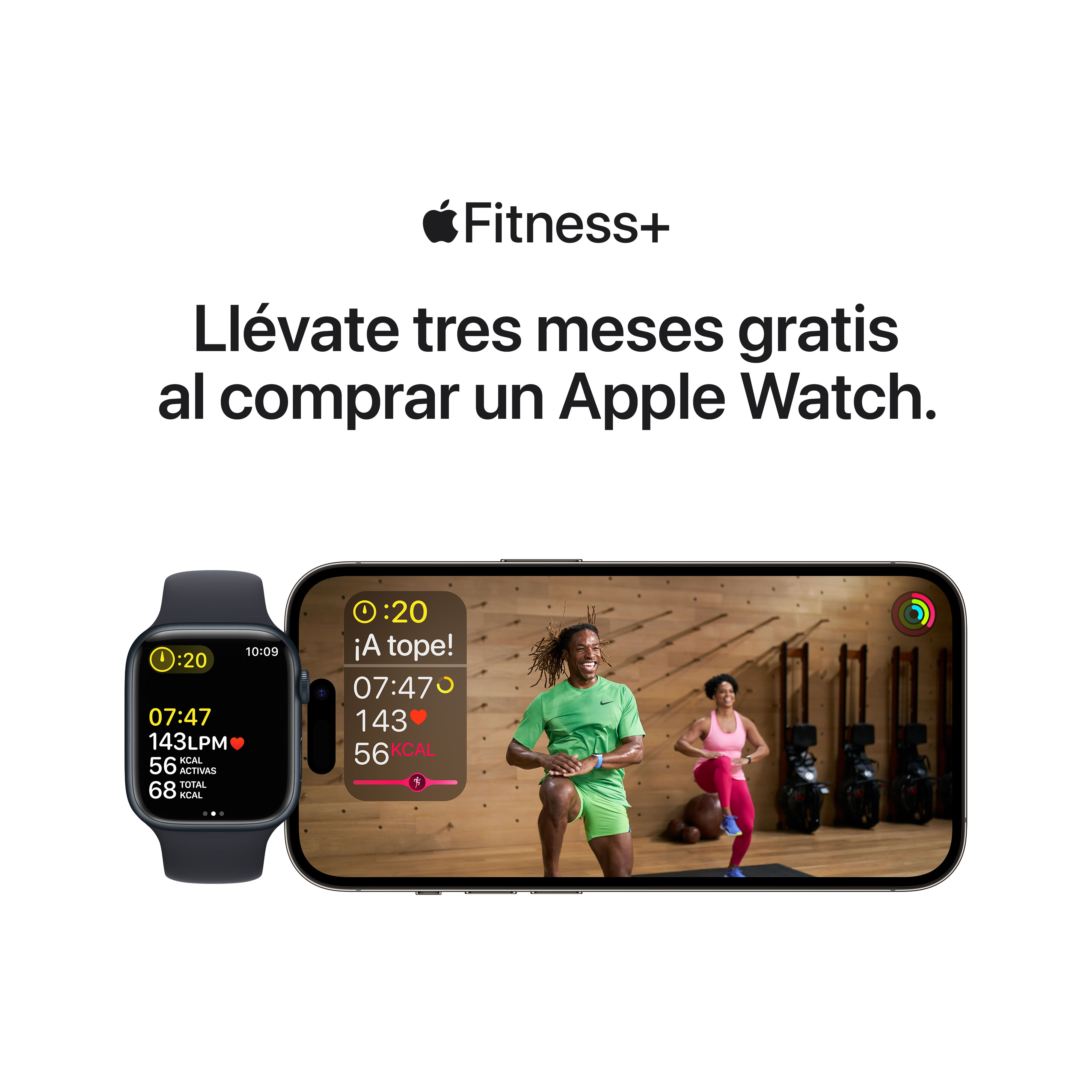 Apple Watch y iPhone mostrando la app Fitness+. Dos personas haciendo ejercicios.