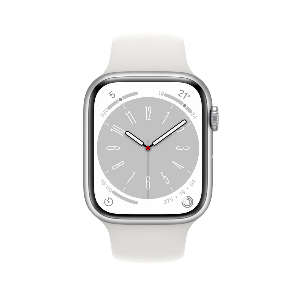 Apple Watch plateado con correa blanca, mostrando la hora y funciones, sobre fondo blanco.