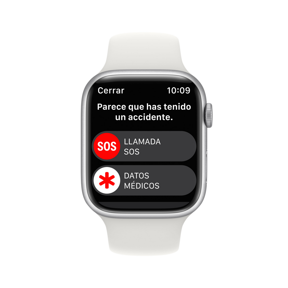 Un Apple Watch que muestra un mensaje de accidente con opciones de llamada de emergencia.