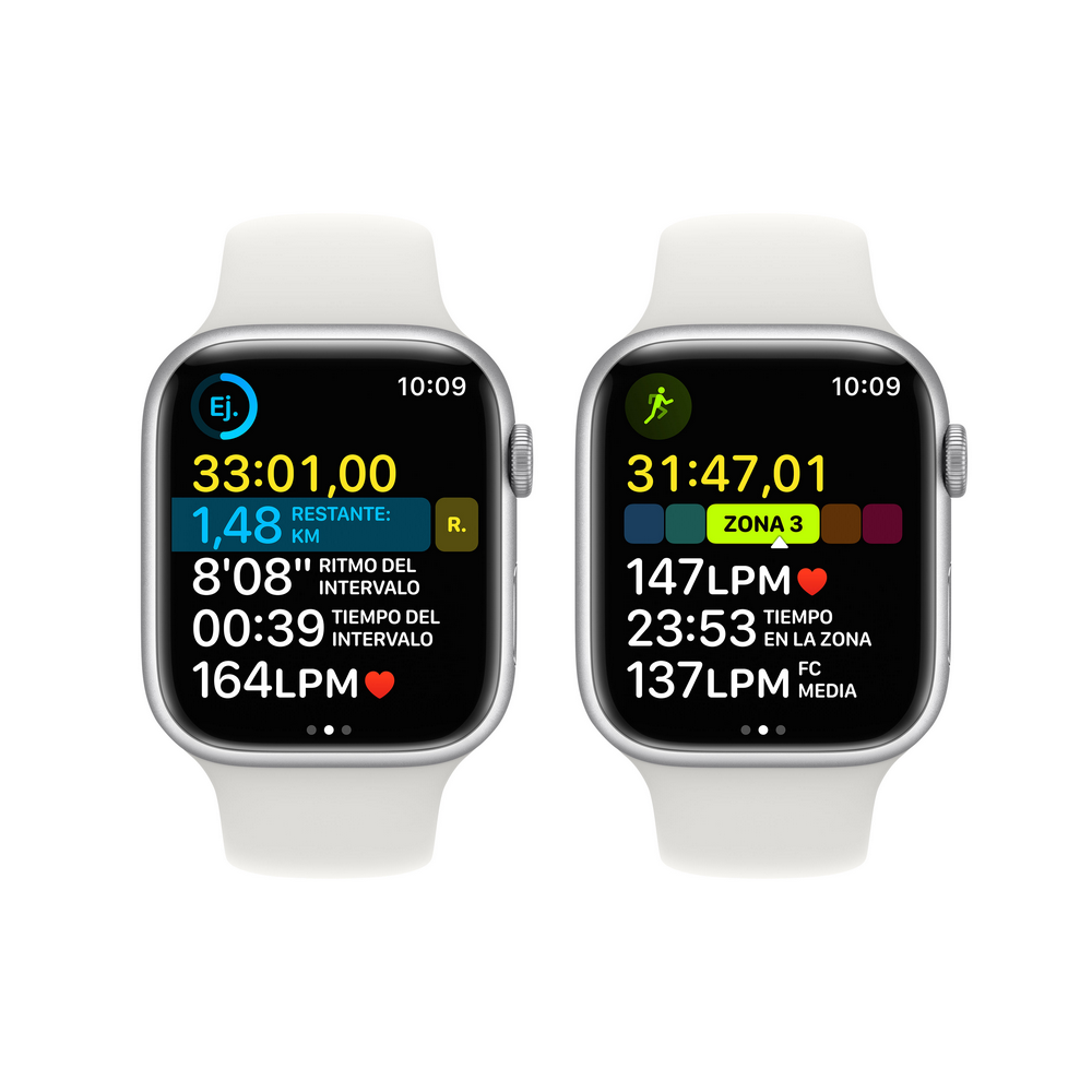 Dos smartwatches sobre un fondo blanco, mostrando métricas de entrenamiento como tiempo, frecuencia cardíaca y distancia.