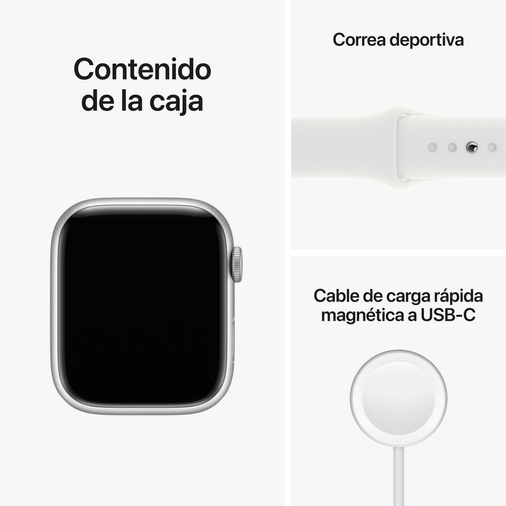 Primer plano de un Apple Watch blanco con pantalla negra, correa deportiva blanca y cable de carga magnético.