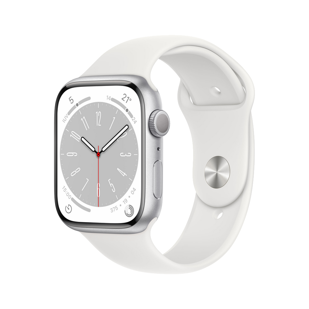 Apple Watch, caja plateada, correa blanca. Pantalla muestra 15:00. El reloj está sobre fondo negro.