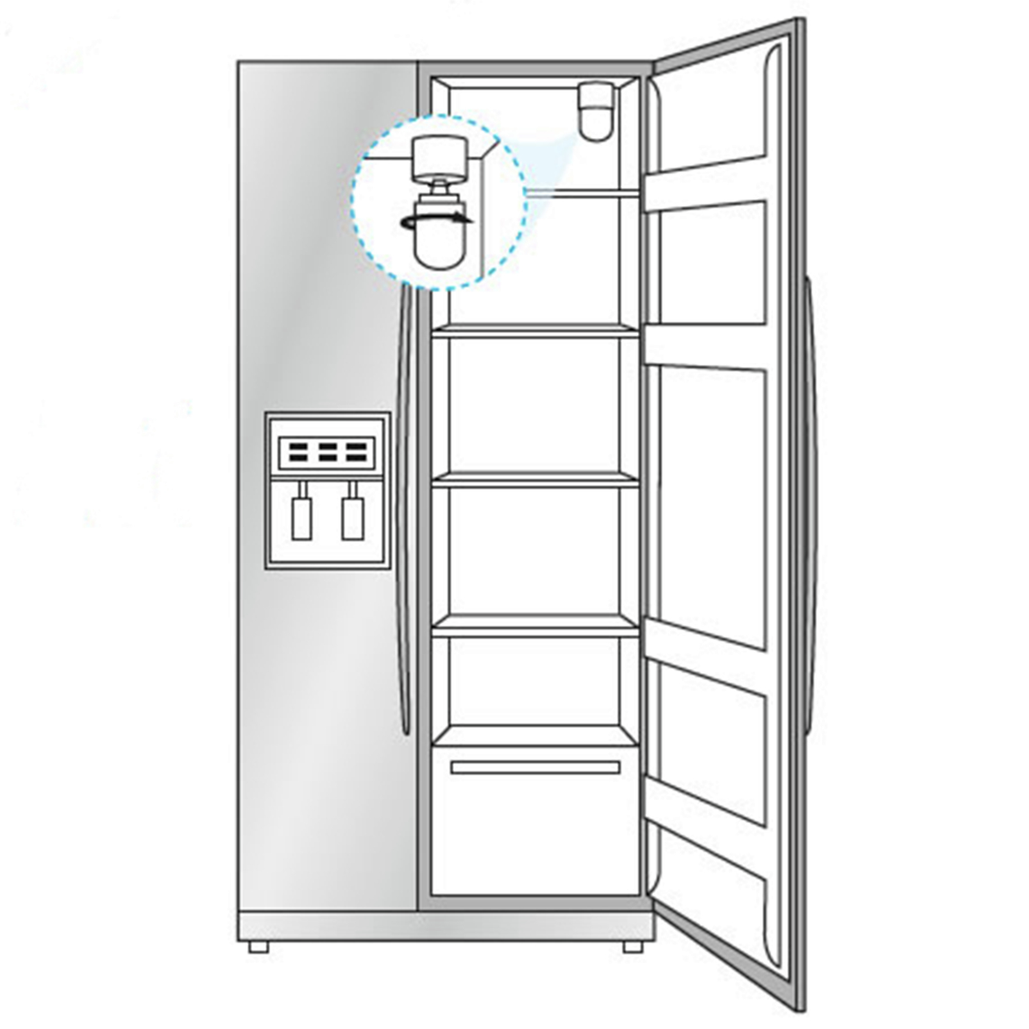 An open refrigerator with shelves and a highlighted section showing a water filter.