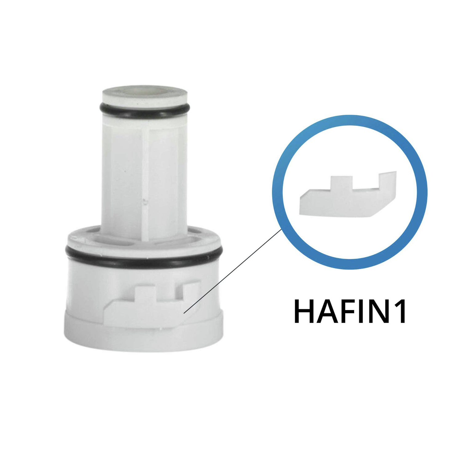 A white and black water filter component. It shows a diagram and a label.