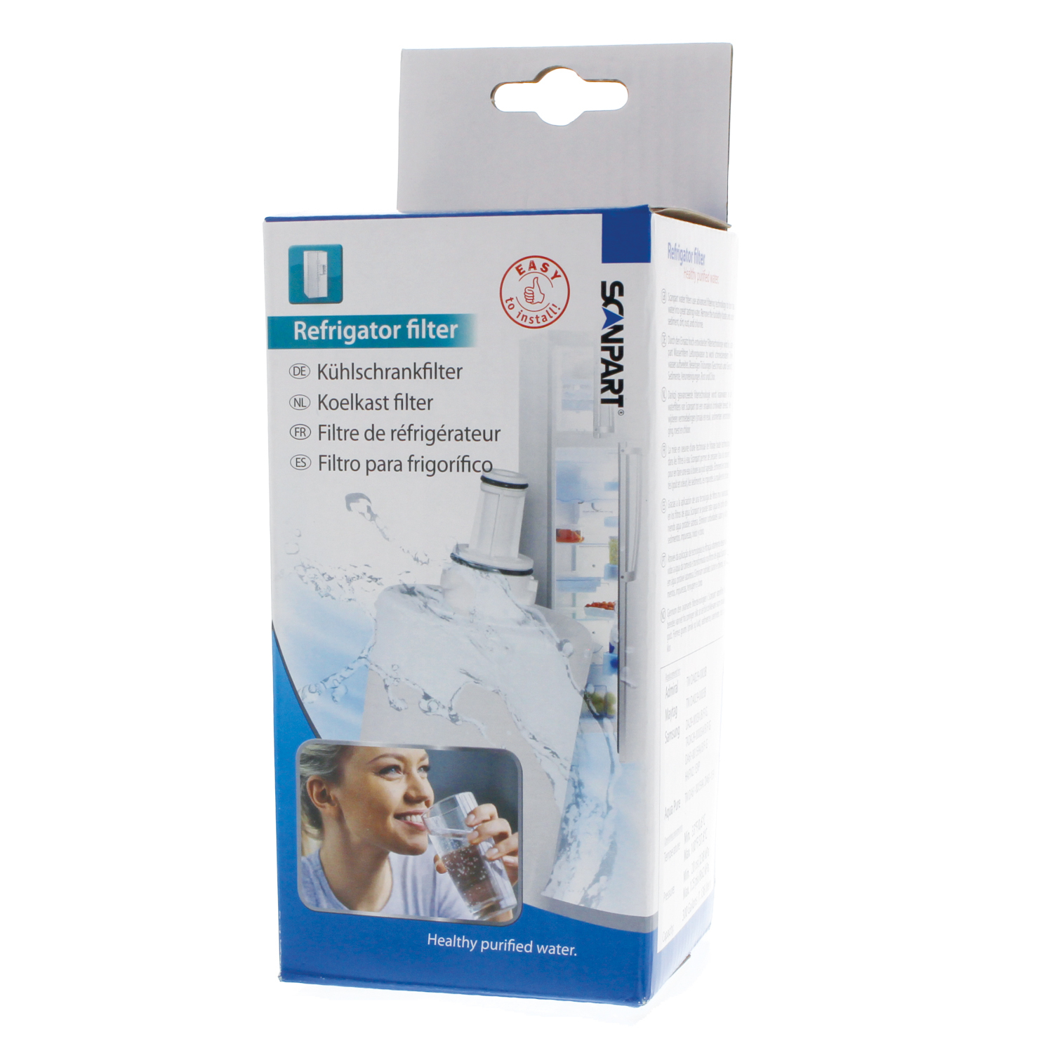 Refrigerator filter box with a picture of a woman drinking water, various text labels.