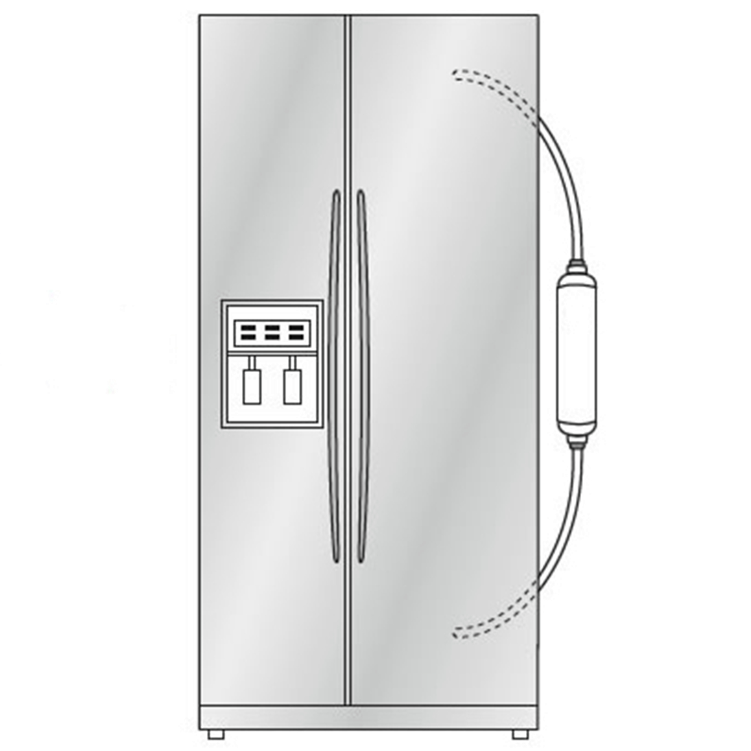 A silver refrigerator with a water filter attached to the side.