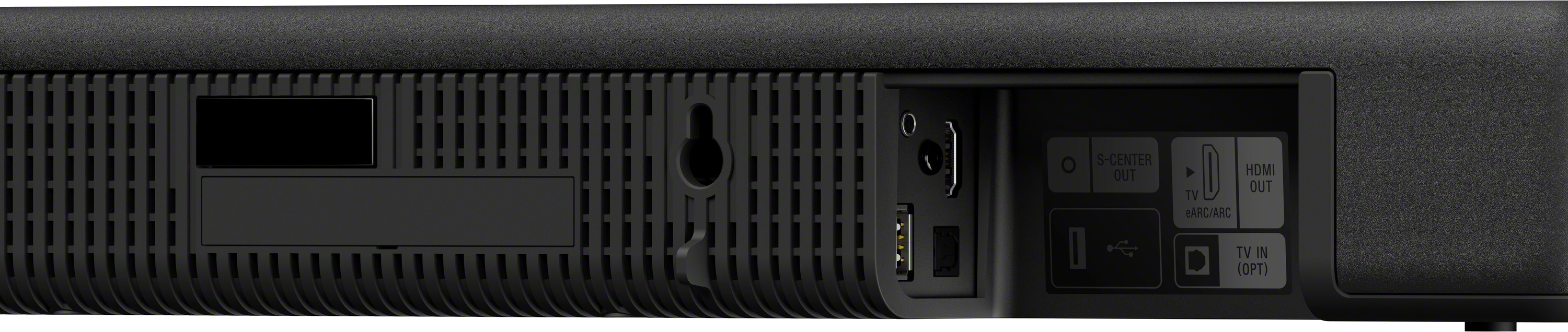 De achterkant van een zwarte soundbar met verschillende poorten en aansluitmogelijkheden. De soundbar staat op een witte achtergrond.