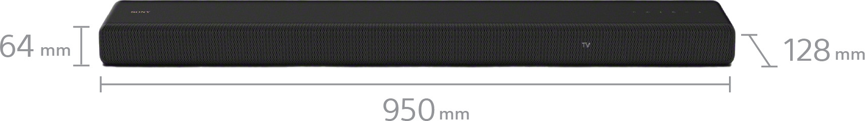 Een zwarte soundbar met afmetingen, 950 mm lang, 64 mm hoog en 128 mm diep, met 'TV'.