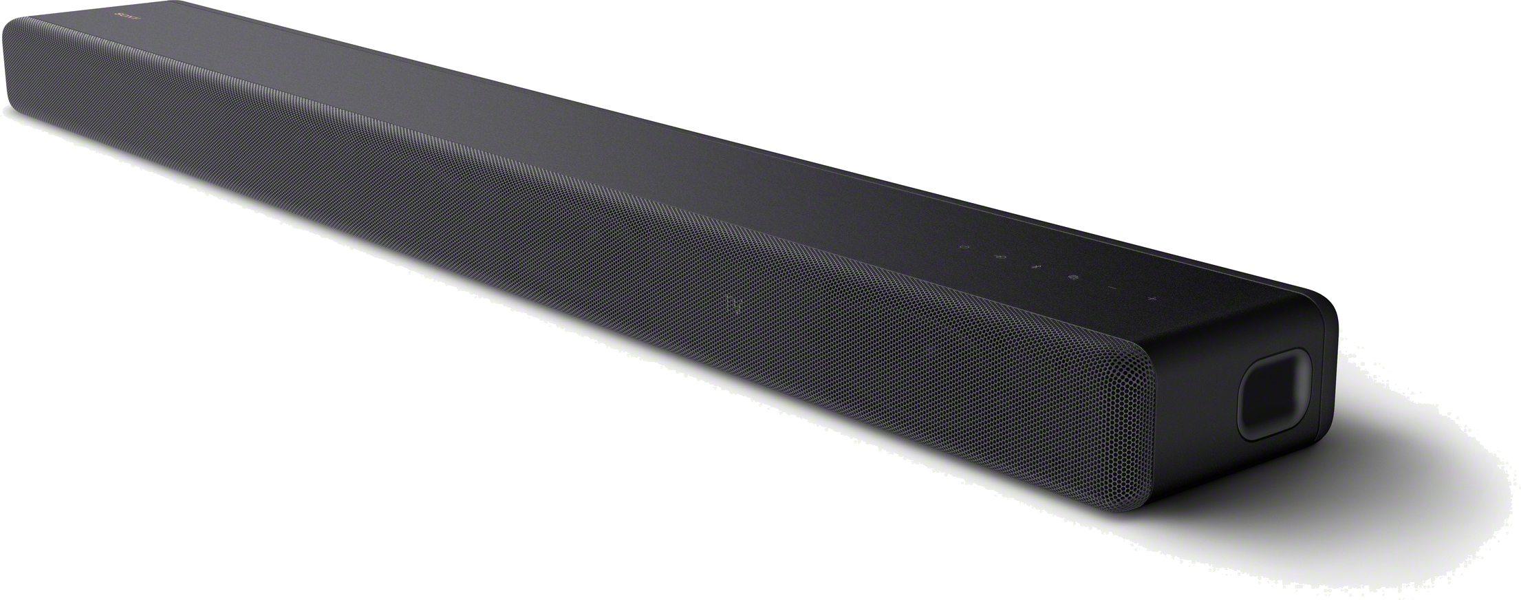 Een lange, zwarte soundbar op een wit oppervlak, schuin naar rechts.