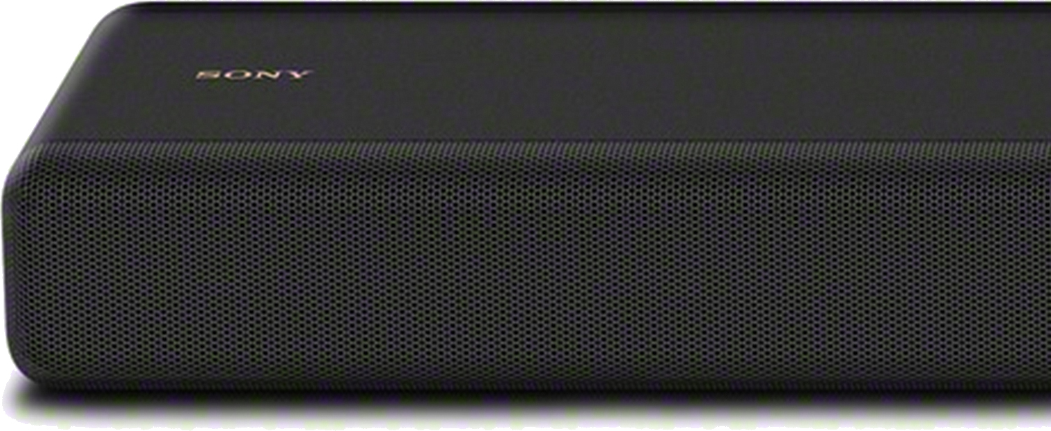 Close-up van een zwarte soundbar met een mesh speakergrille en het 'SONY' logo.