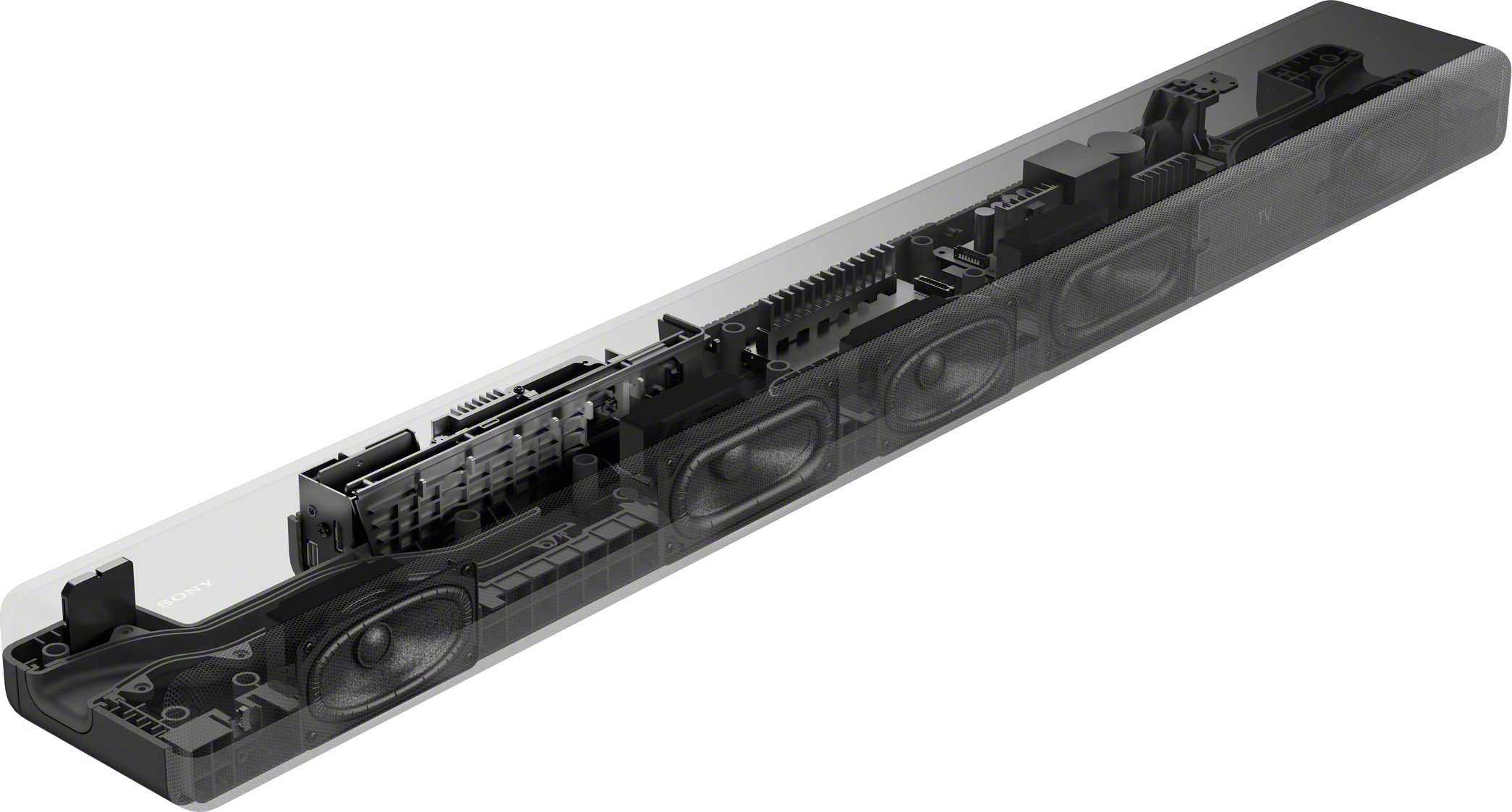 Doorsnede van een zwarte Sony soundbar. Toont interne componenten, luidsprekers en printplaten.