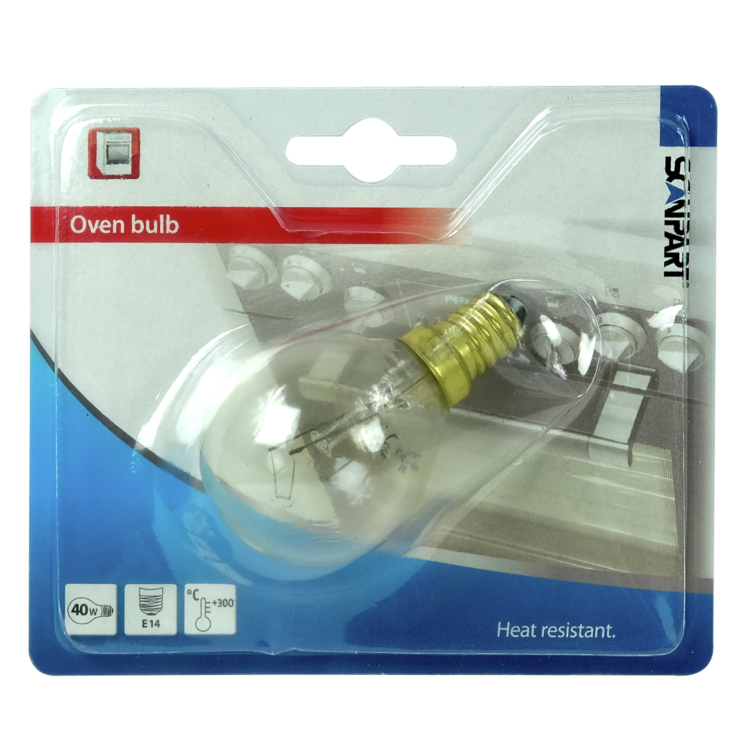 Oven light bulb in a plastic package. The bulb is transparent.