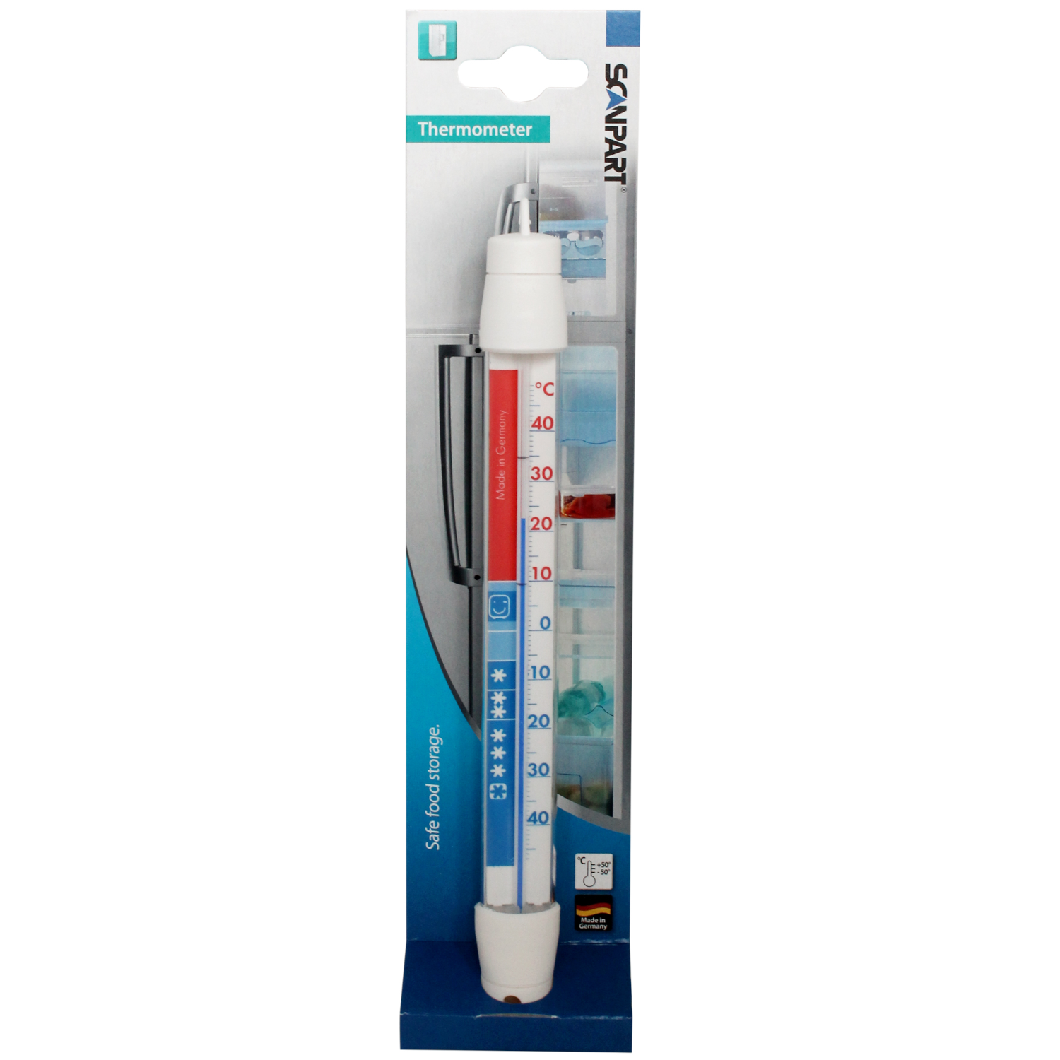 Thermometer in a plastic case, with temperature markings and safe storage labels.