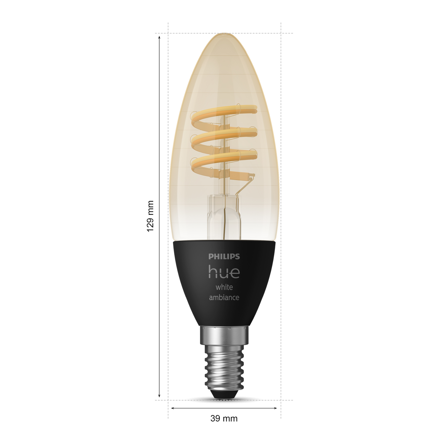 A Philips Hue white ambiance light bulb. Black base with a spiral filament. White background.