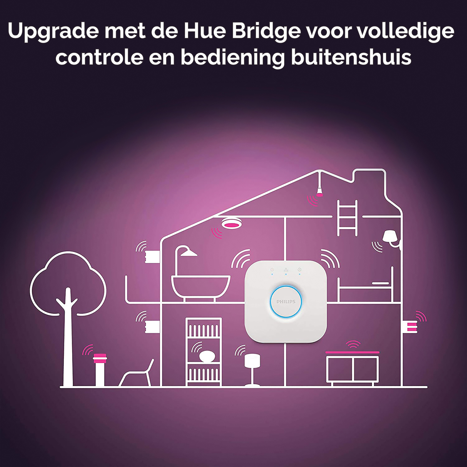 Illustration of a house interior with lights and a Philips Hue Bridge.