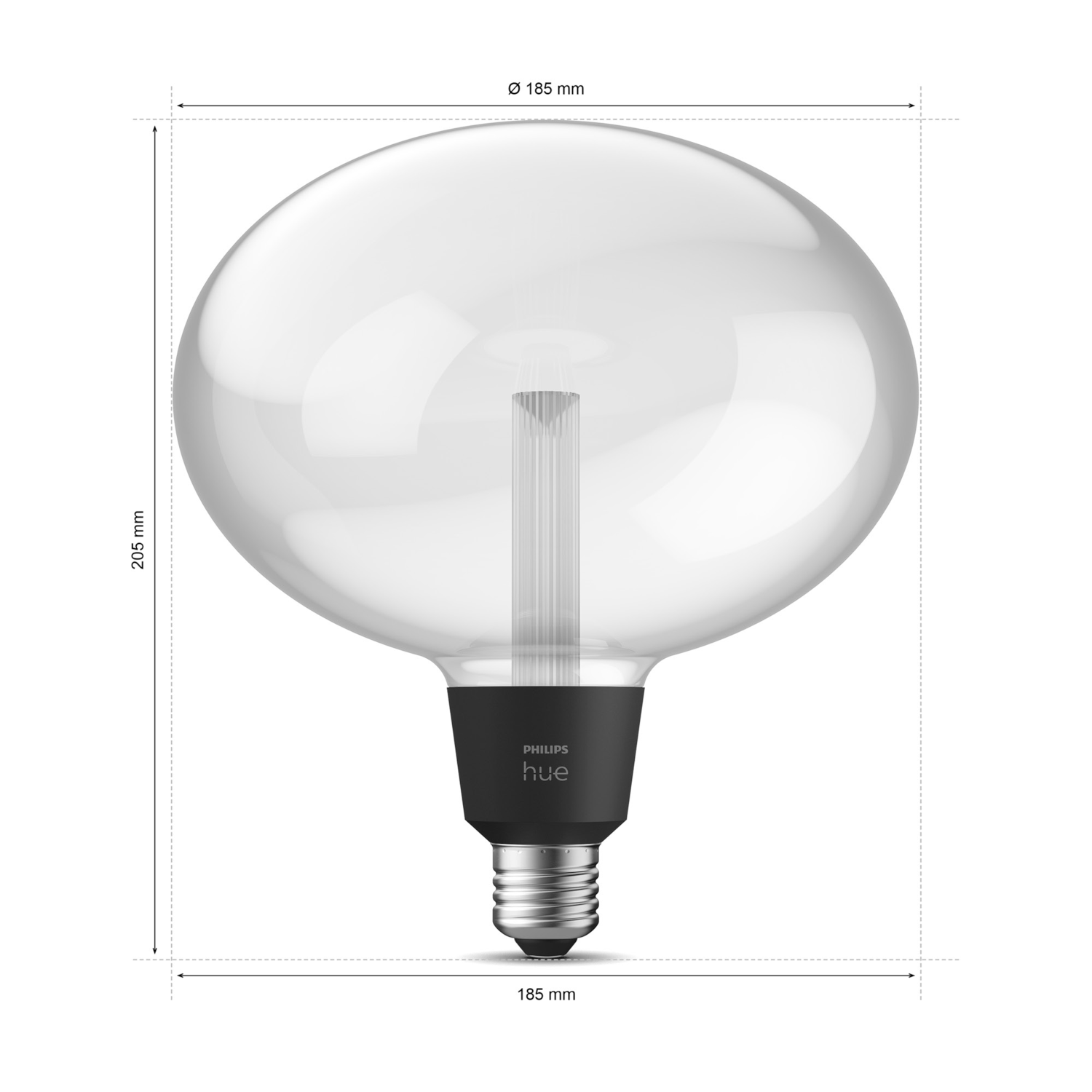 Large, clear Philips Hue lightbulb with dimensions shown and black base.