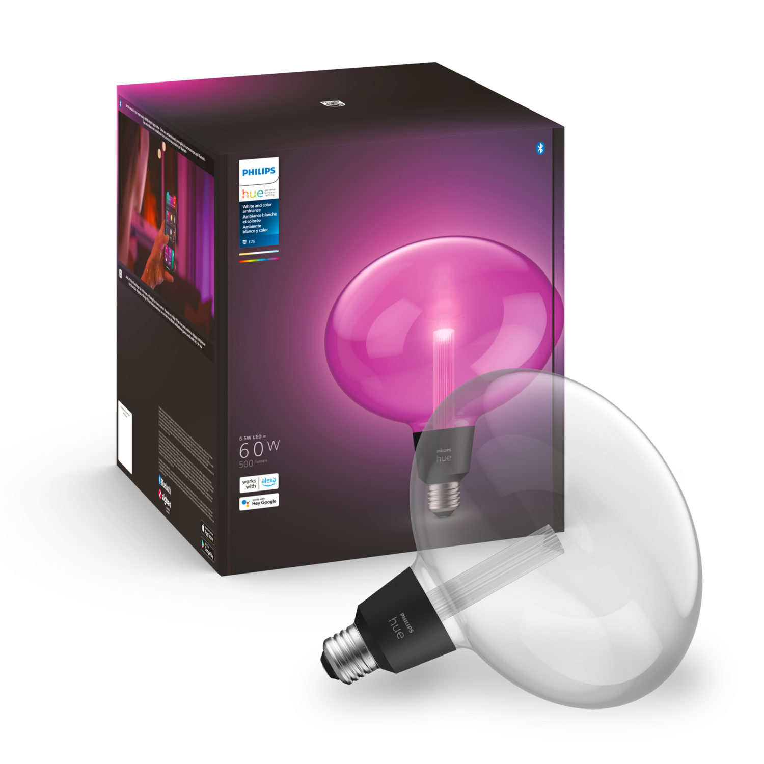 Philips Hue lightbulb in a box, with a clear bulb and a pink glowing bulb.