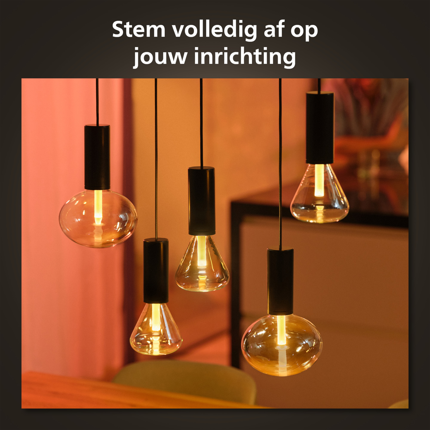 Five pendant light bulbs with different shapes and black holders, orange background, text in Dutch.