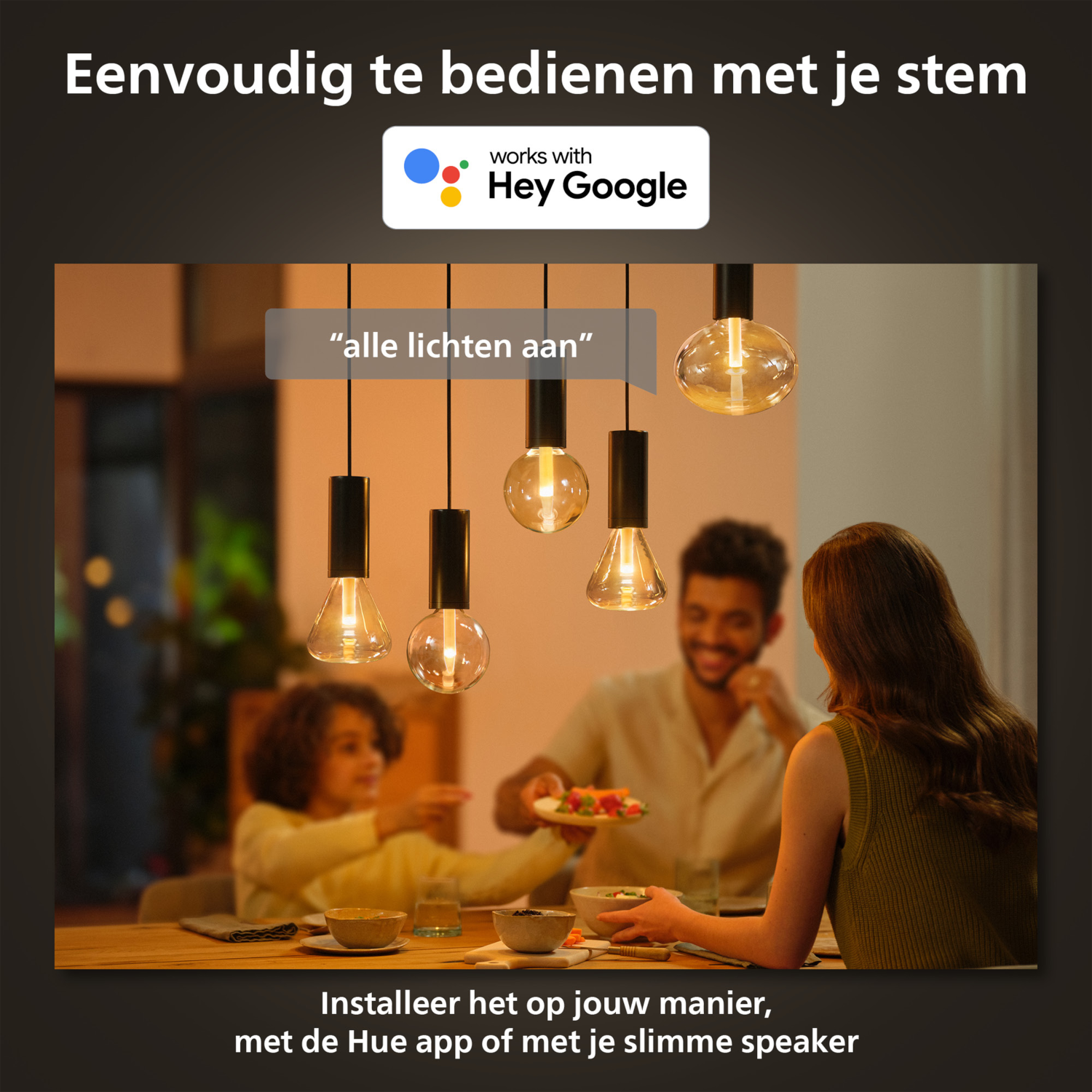 Family at dinner. Smart lights and a voice assistant are used to control the lights.