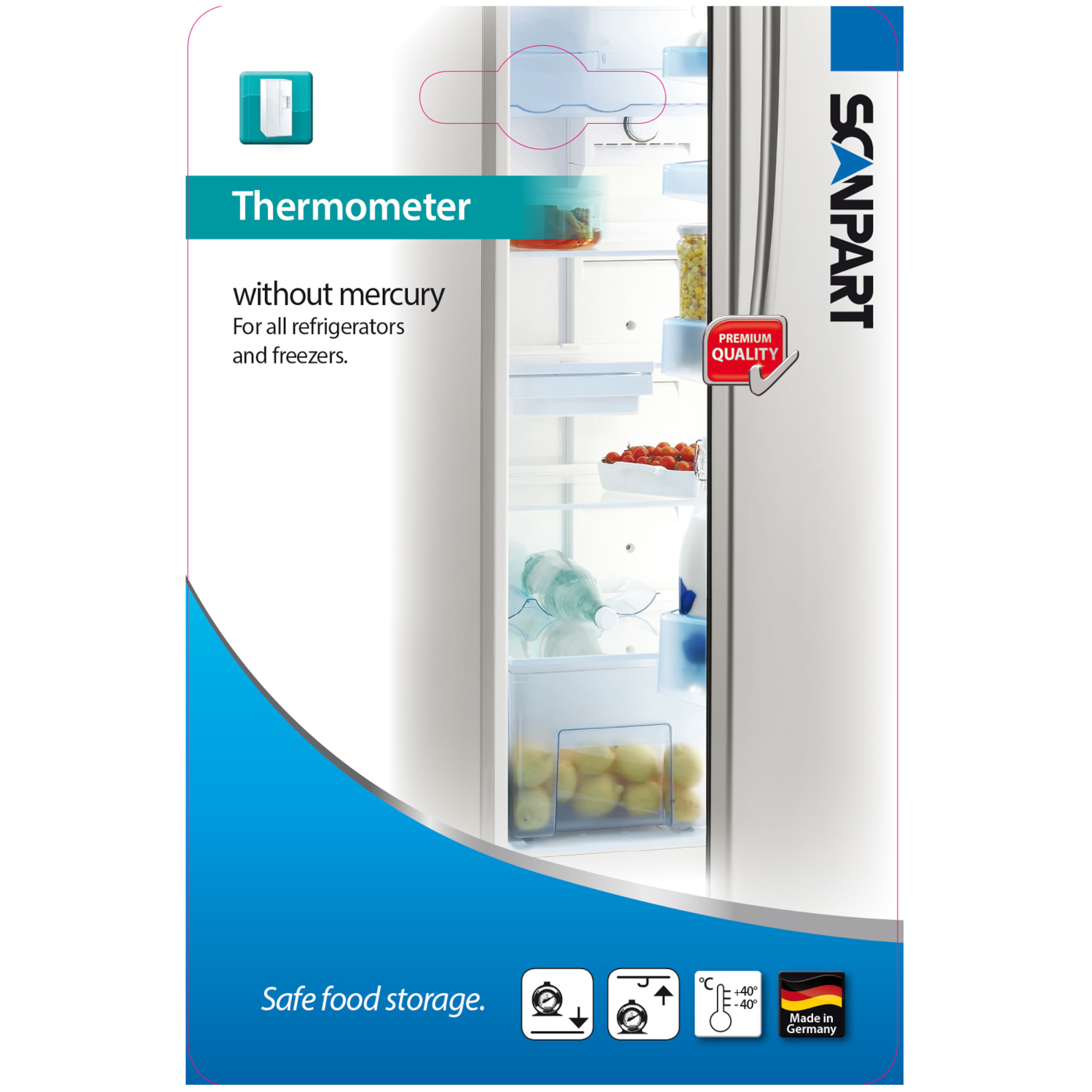Refrigerator with thermometer label and text. The label reads 'Safe food storage'.