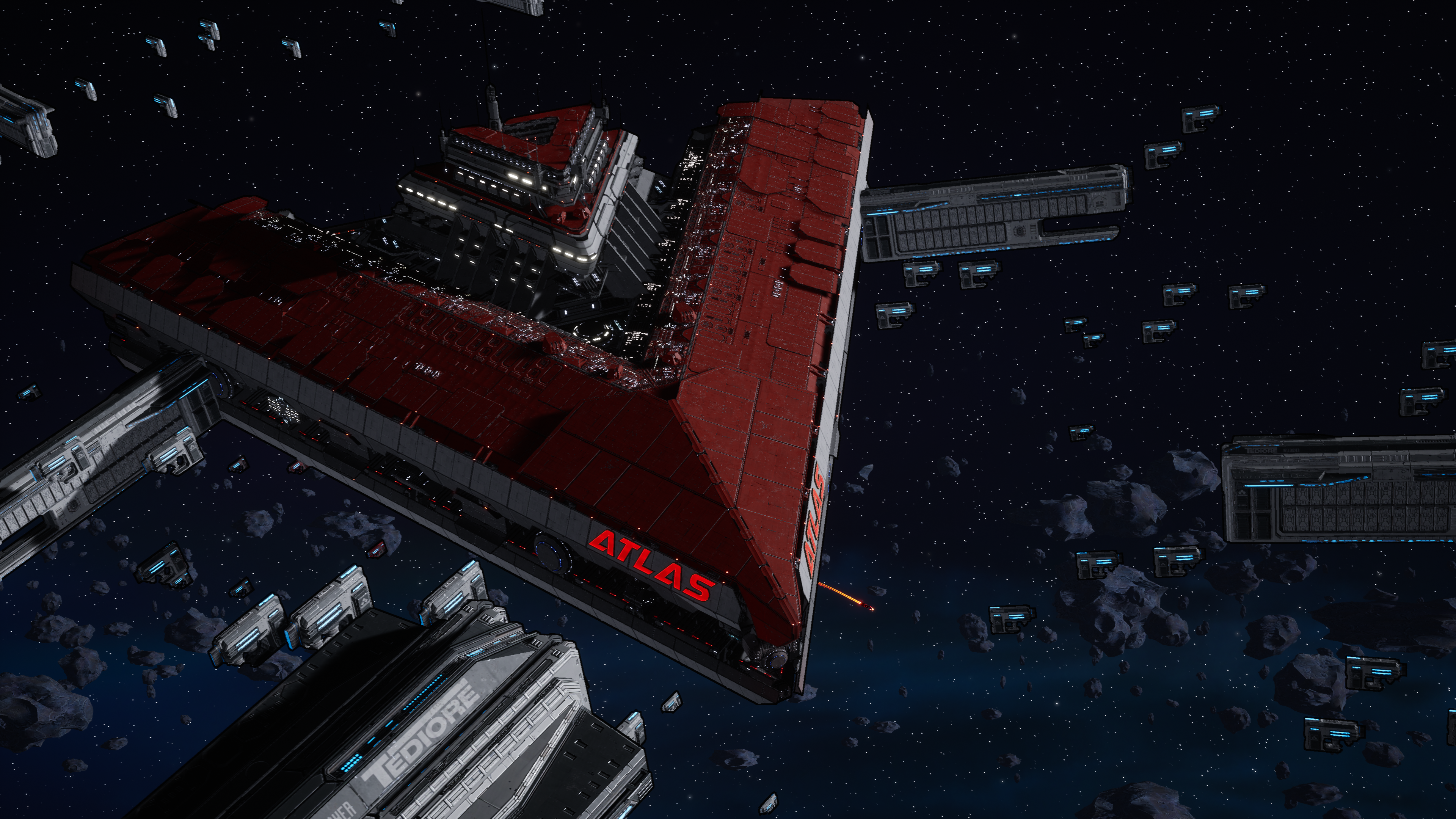 Une scène spatiale avec une grande structure rouge étiquetée 'ATLAS'. De nombreuses structures plus petites et des étoiles sont visibles.