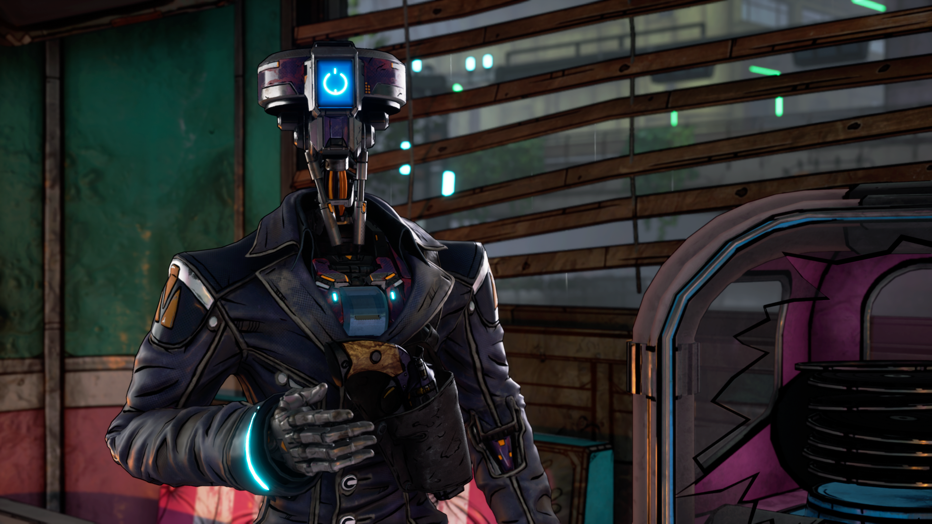 Un personnage robot avec une lumière bleue brillante sur la tête, dans un cadre futuriste.