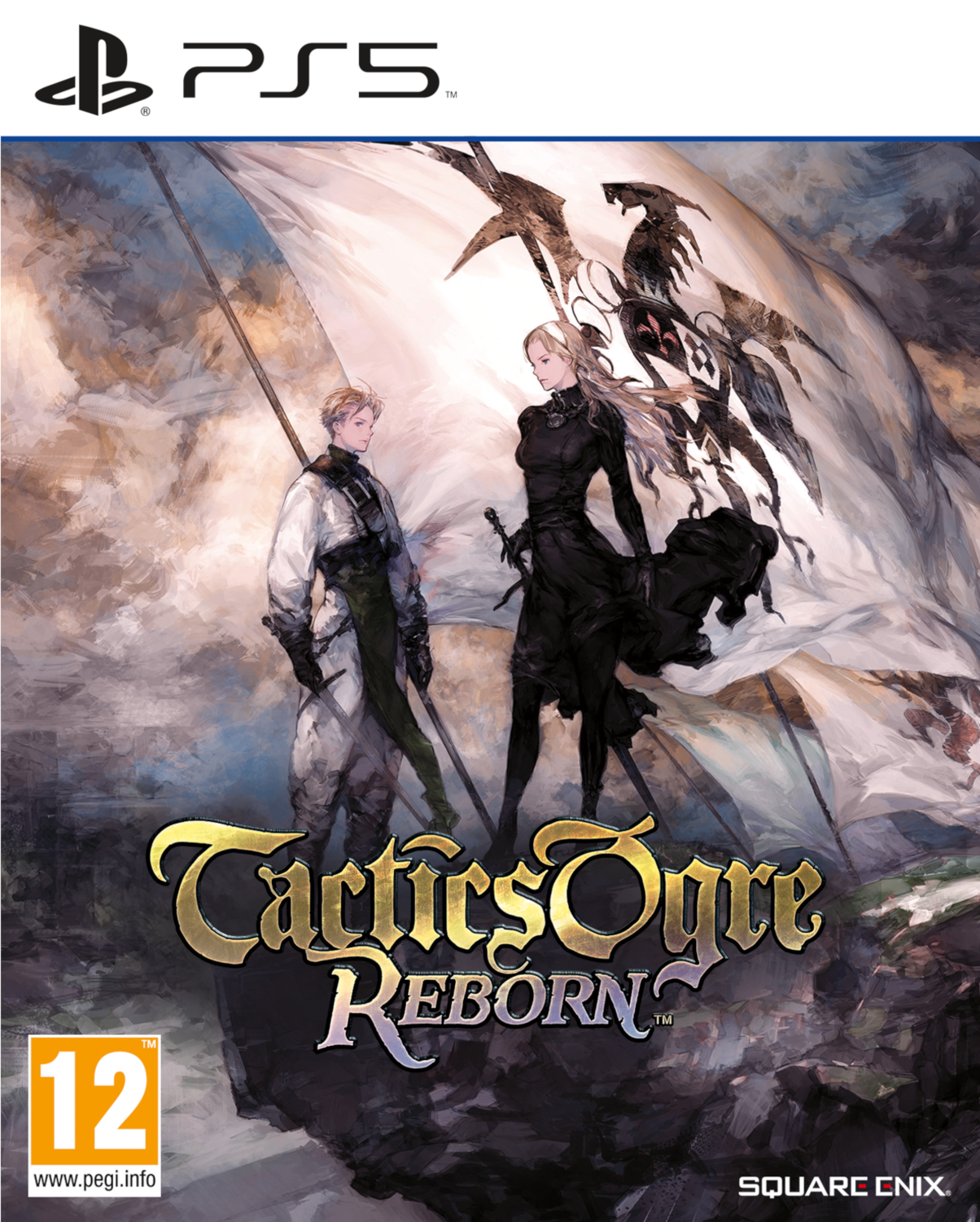 Tactics Ogre Reborn PS5-spelbox. Twee personages staan voor een vlag. De titel van het spel staat hieronder.