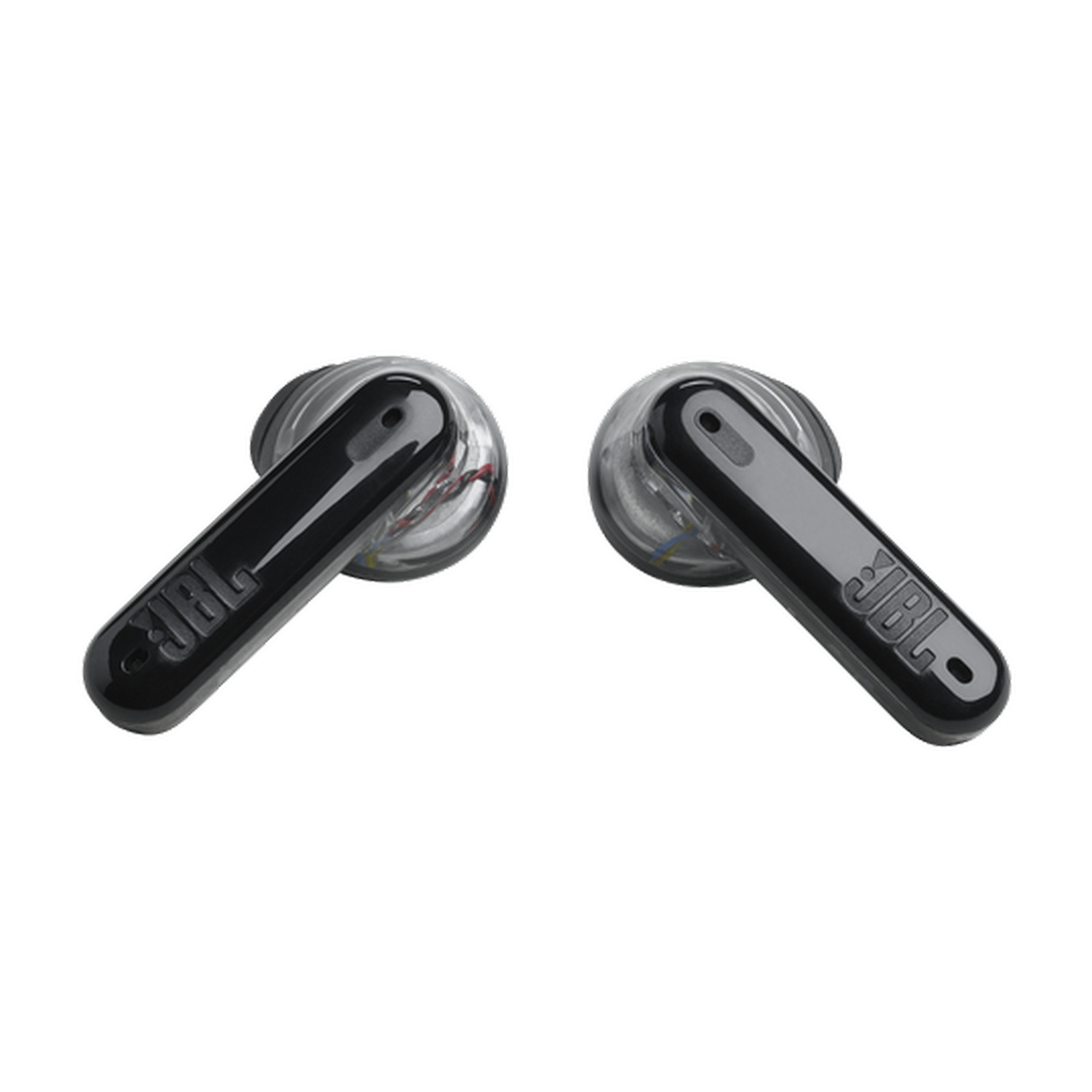 Dos auriculares JBL negros con una parte transparente, sobre fondo blanco.