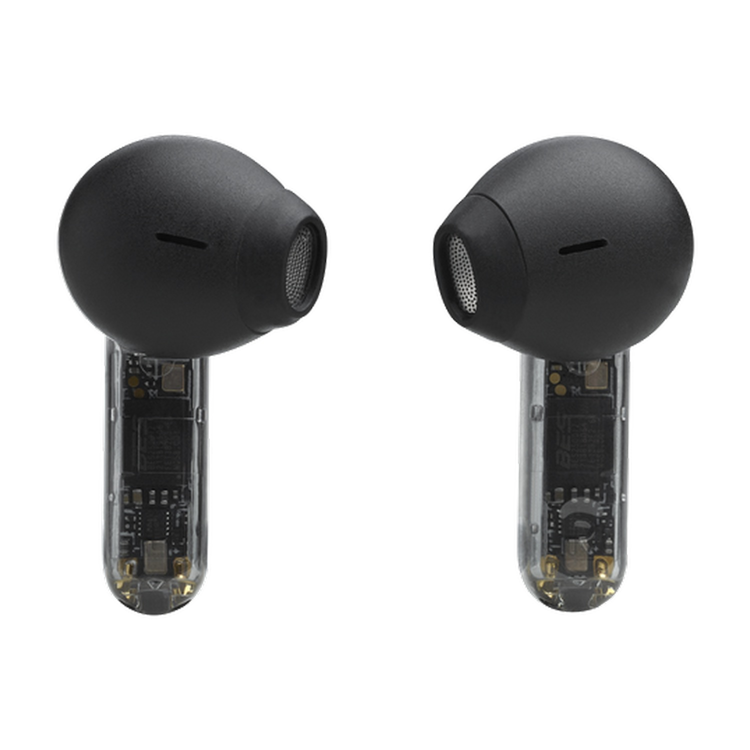 Dos auriculares inalámbricos negros con tallos transparentes. Los auriculares están sobre un fondo blanco.