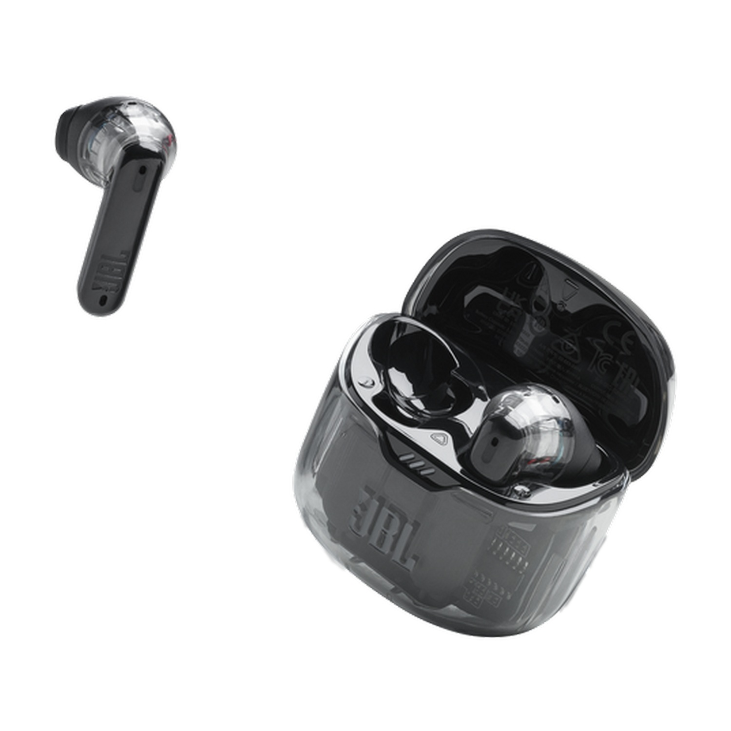 Dos auriculares inalámbricos, uno en un estuche de carga. El estuche es negro y los auriculares son transparentes.