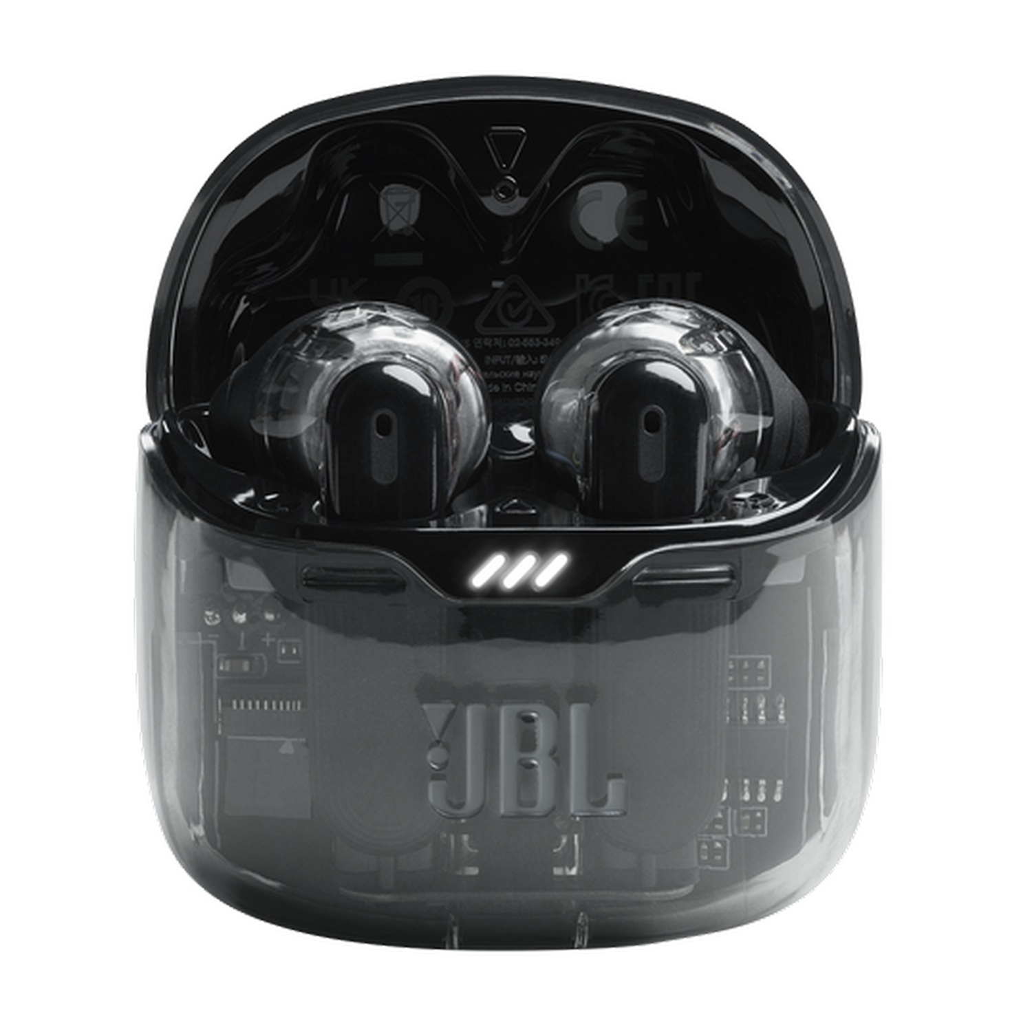 Auriculares JBL negros en un estuche de carga. El estuche es transparente y muestra los componentes internos. Logotipo JBL visible.