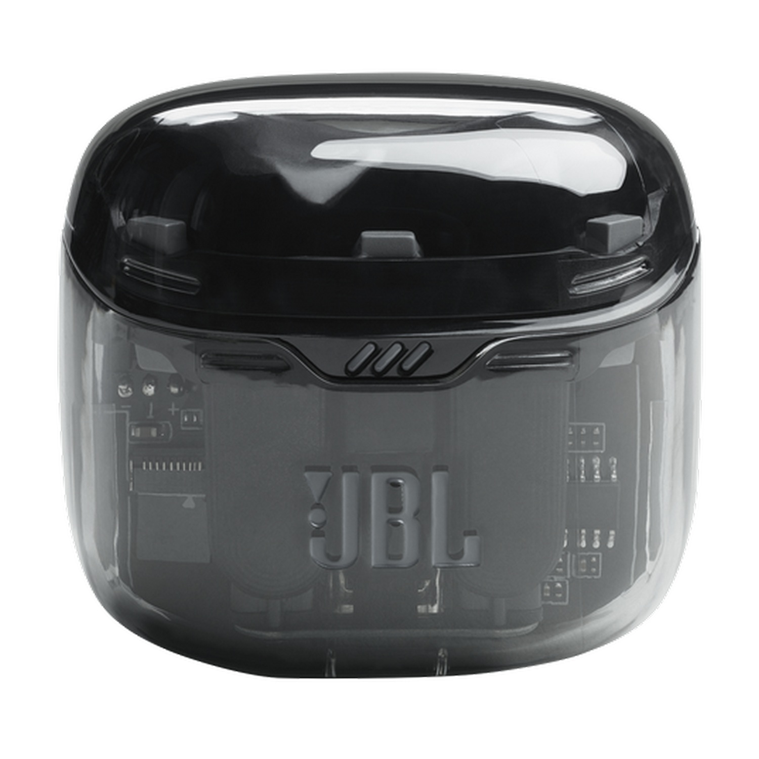 Estuche de carga de auriculares JBL negro, transparente, mostrando componentes internos.