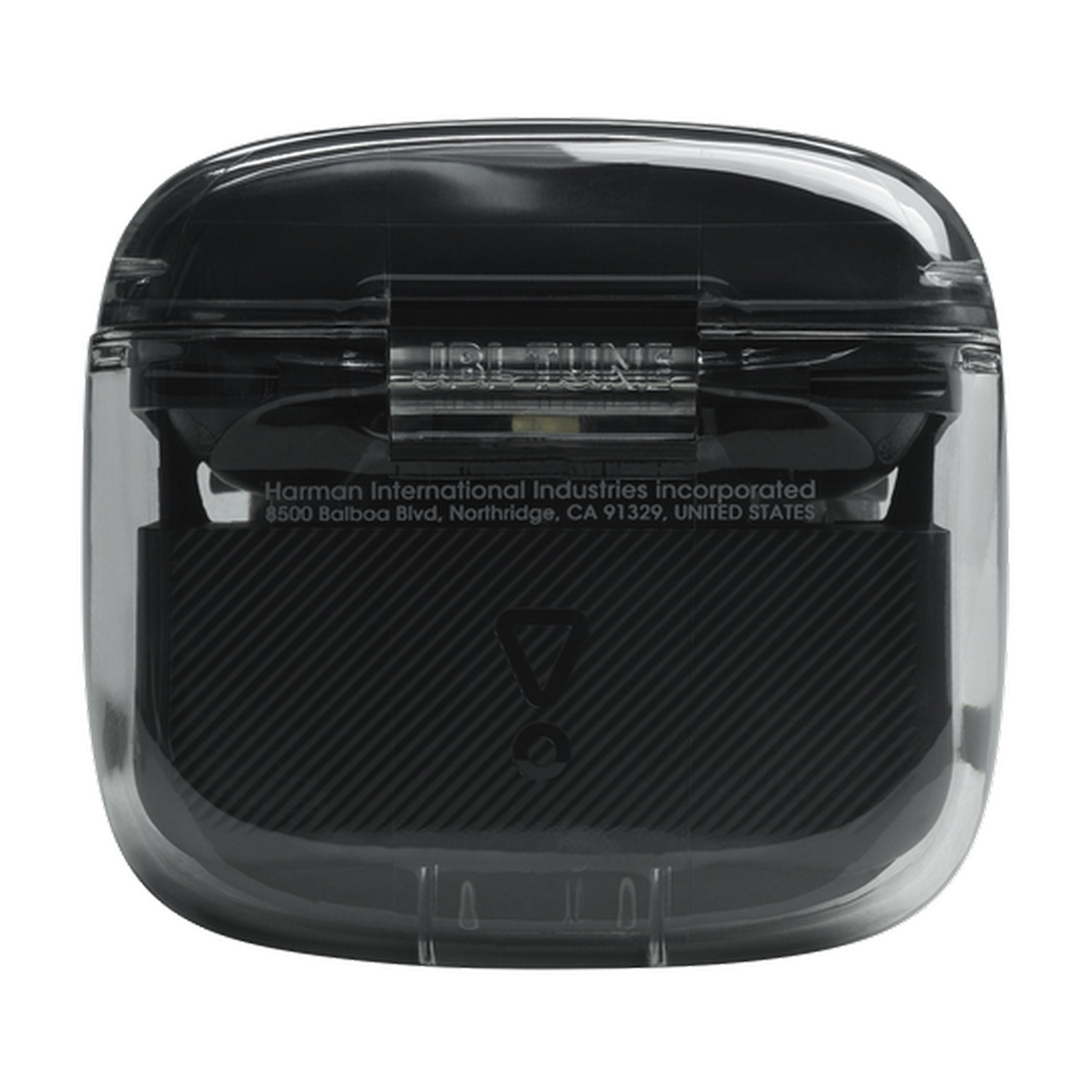 Estuche de auriculares negro y transparente con texto 'JBL TUNE'. La dirección de Harman International es visible.