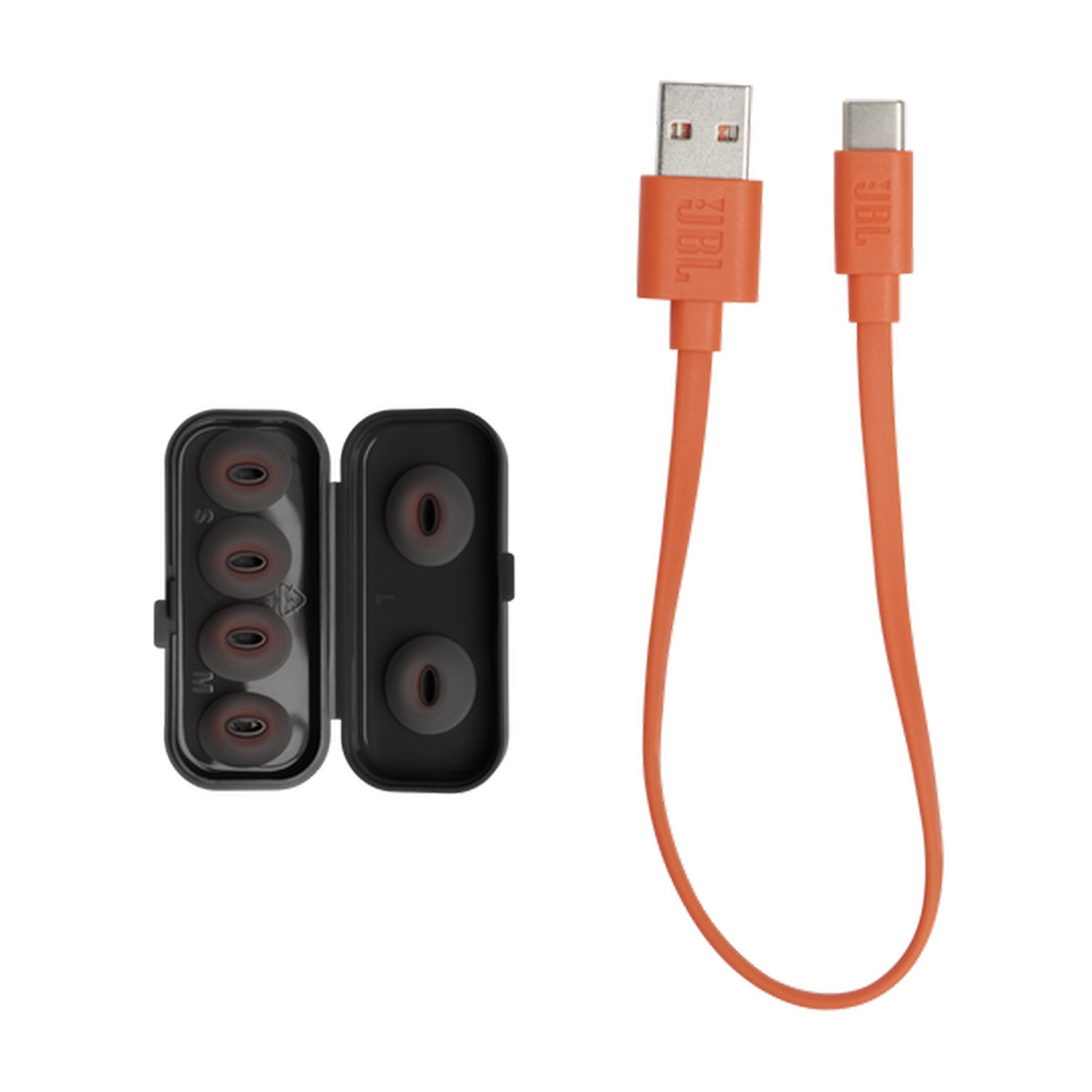 Cable USB-C JBL naranja con puntas de oído en estuche. El artículo sobre fondo blanco.