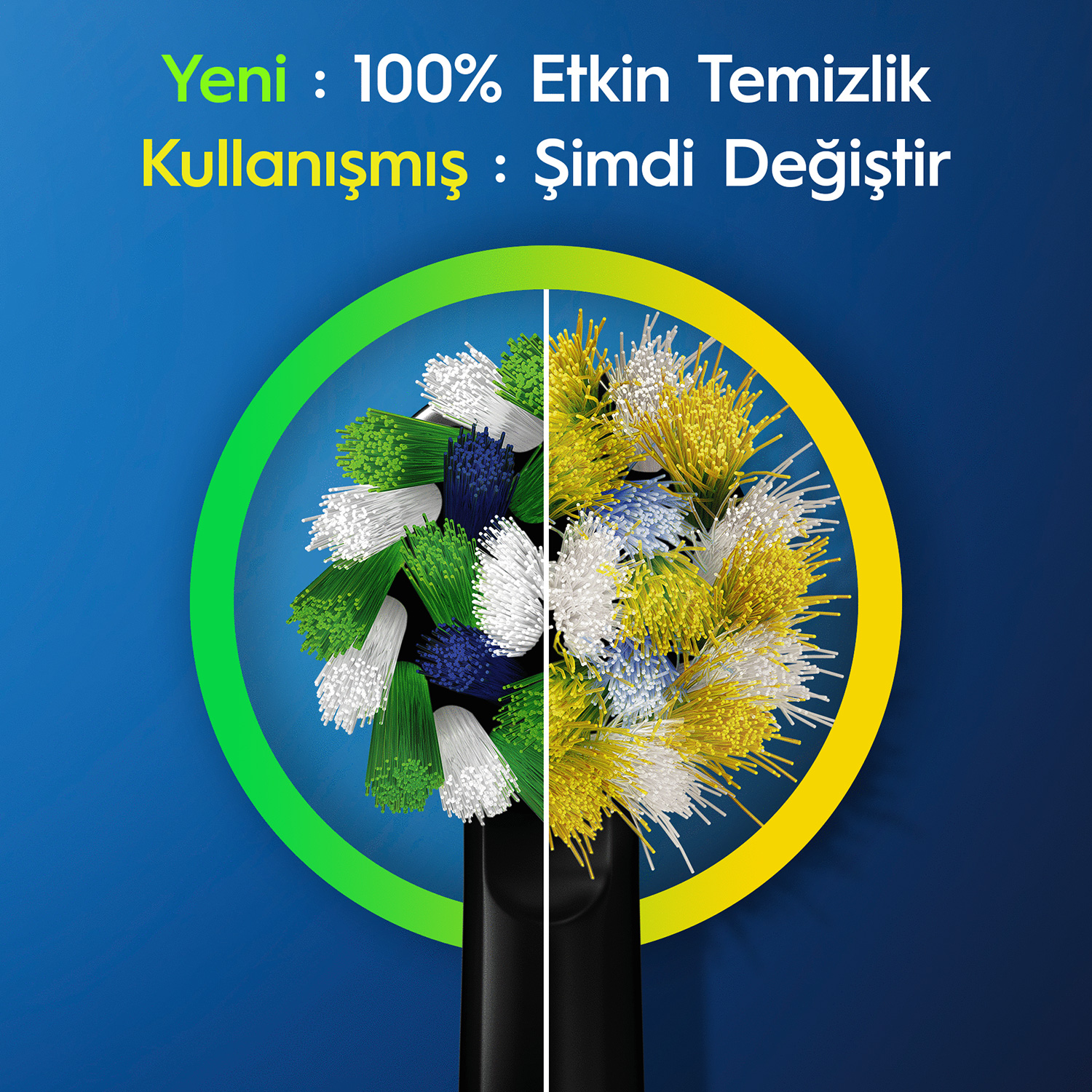 Diş fırçası başlığı karşılaştırması: yeni ve kullanılmış. Yeşil ve sarı halka.