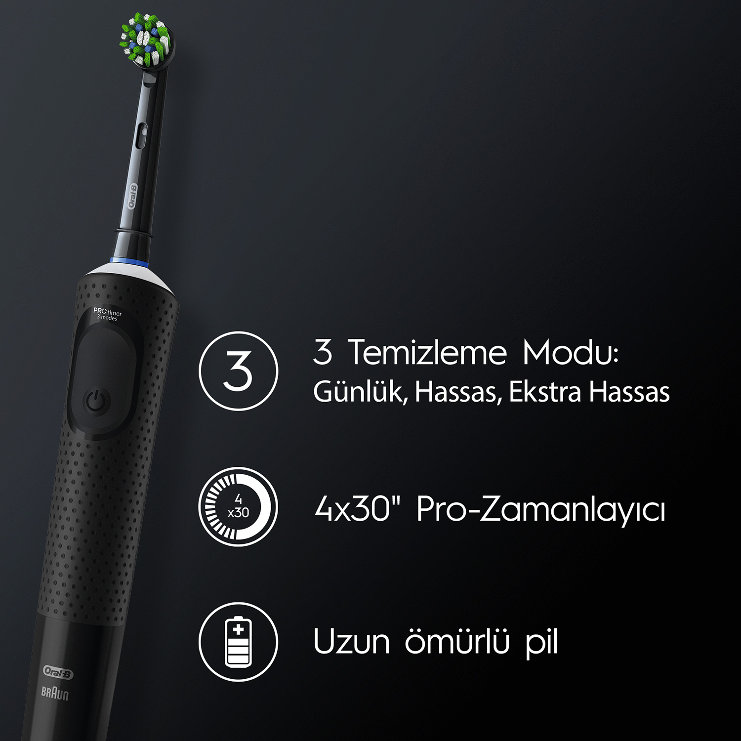 Temizleme modları, zamanlayıcı ve pil ömrü hakkında bilgiler içeren siyah bir elektrikli diş fırçası. Siyah arka plan.