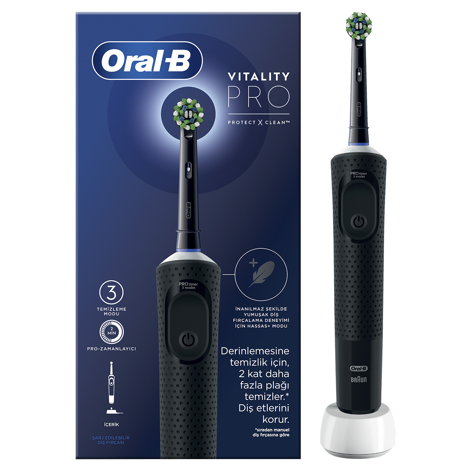 Siyah Oral-B elektrikli diş fırçası. Bir şarj tabanı ve yedek bir fırça başlığı vardır.