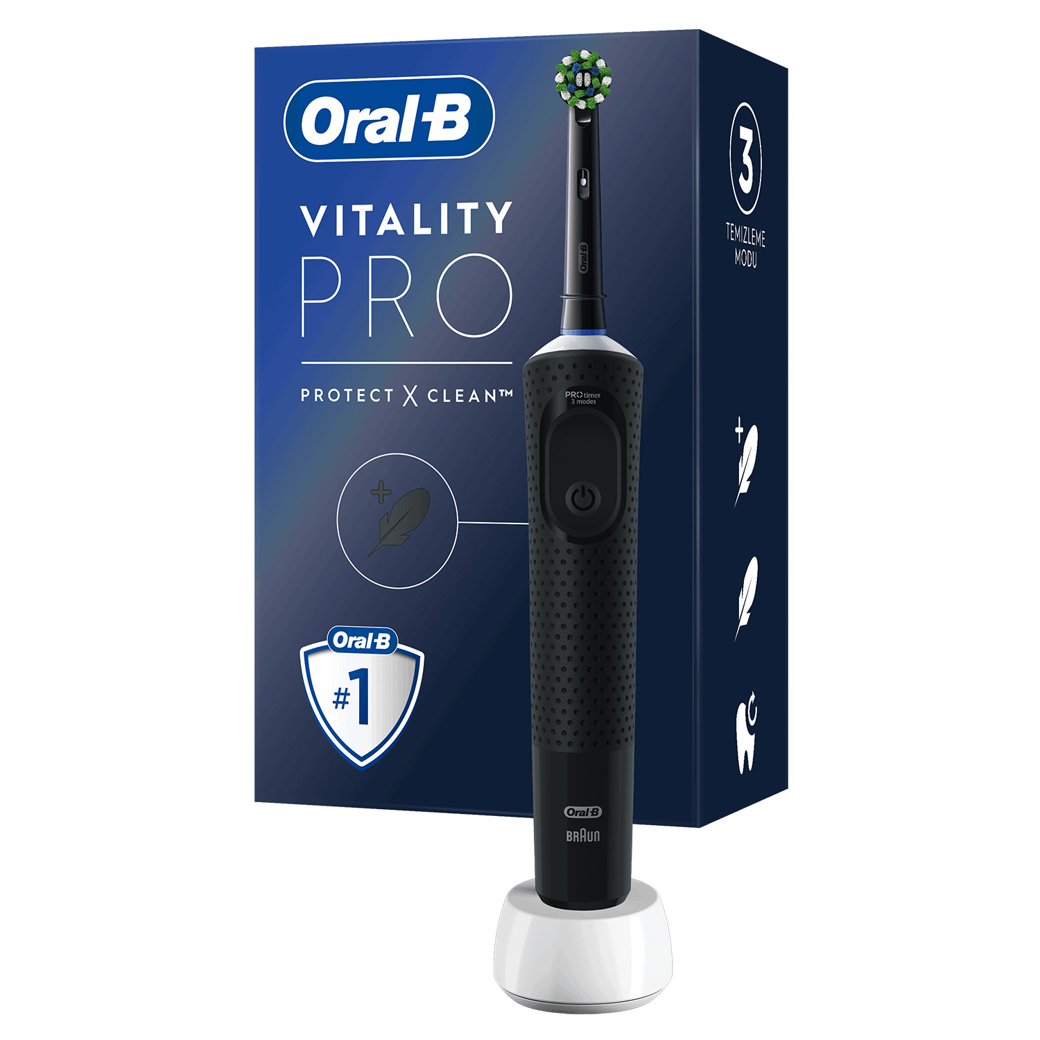 Siyah saplı bir Oral-B elektrikli diş fırçası, beyaz bir tabanda şarj oluyor.