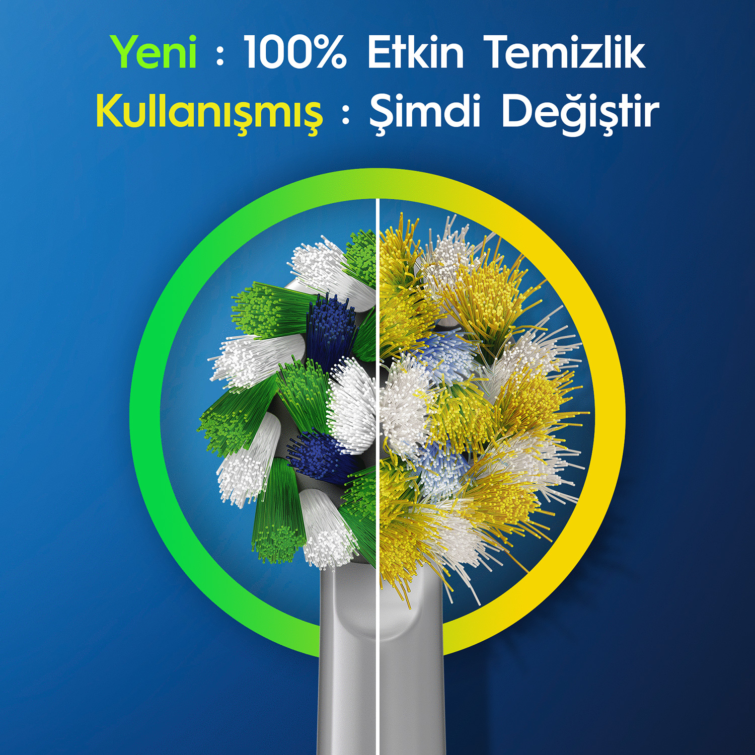 Oral-B diş fırçası başlığı. Yeni vs kullanılmış, yeşil, beyaz, mavi ve sarı kıllar.
