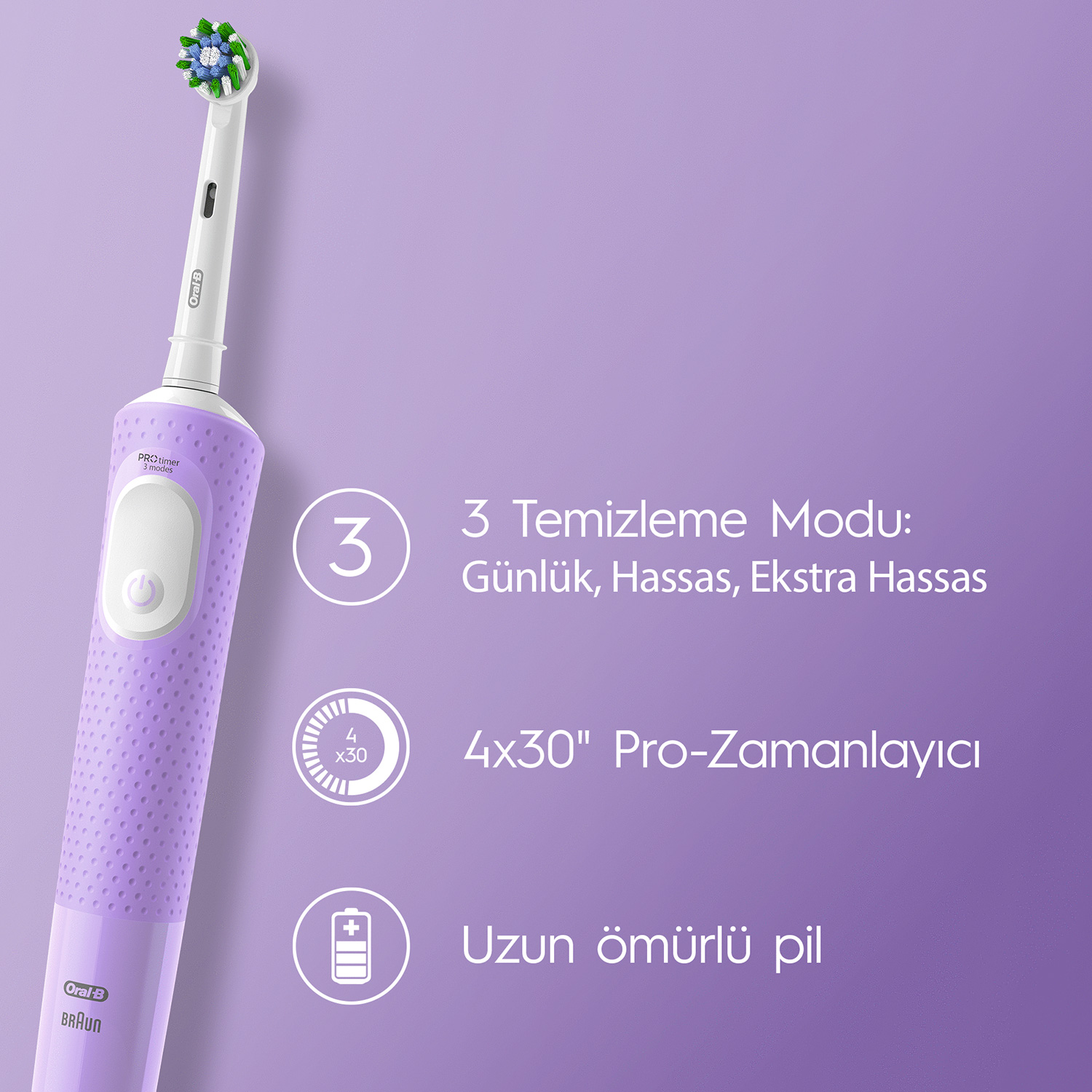 Elektrikli diş fırçası, temizleme modları, zamanlayıcı ve uzun pil ömrü özellikleriyle.