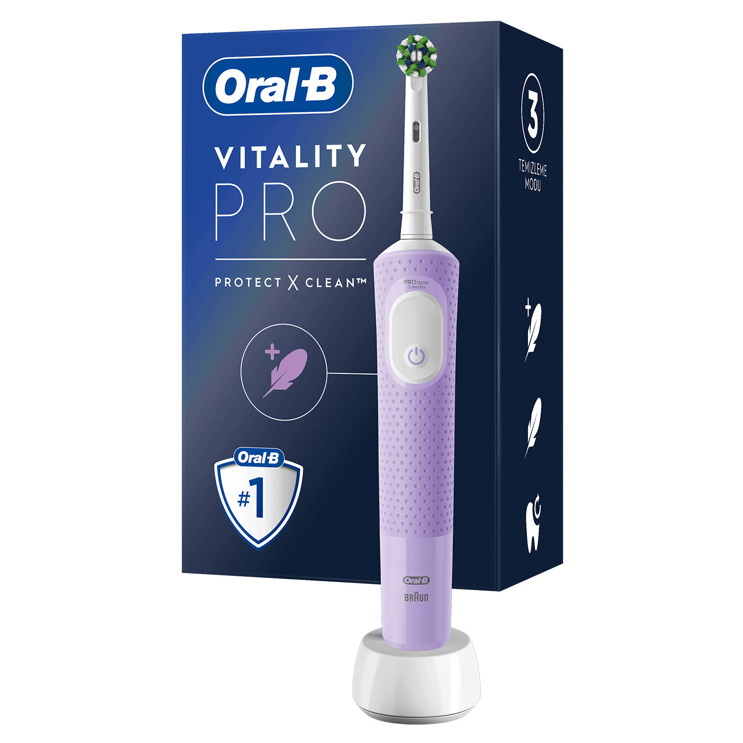 Şarj standlı mor ve beyaz elektrikli diş fırçası. Oral-B markası.